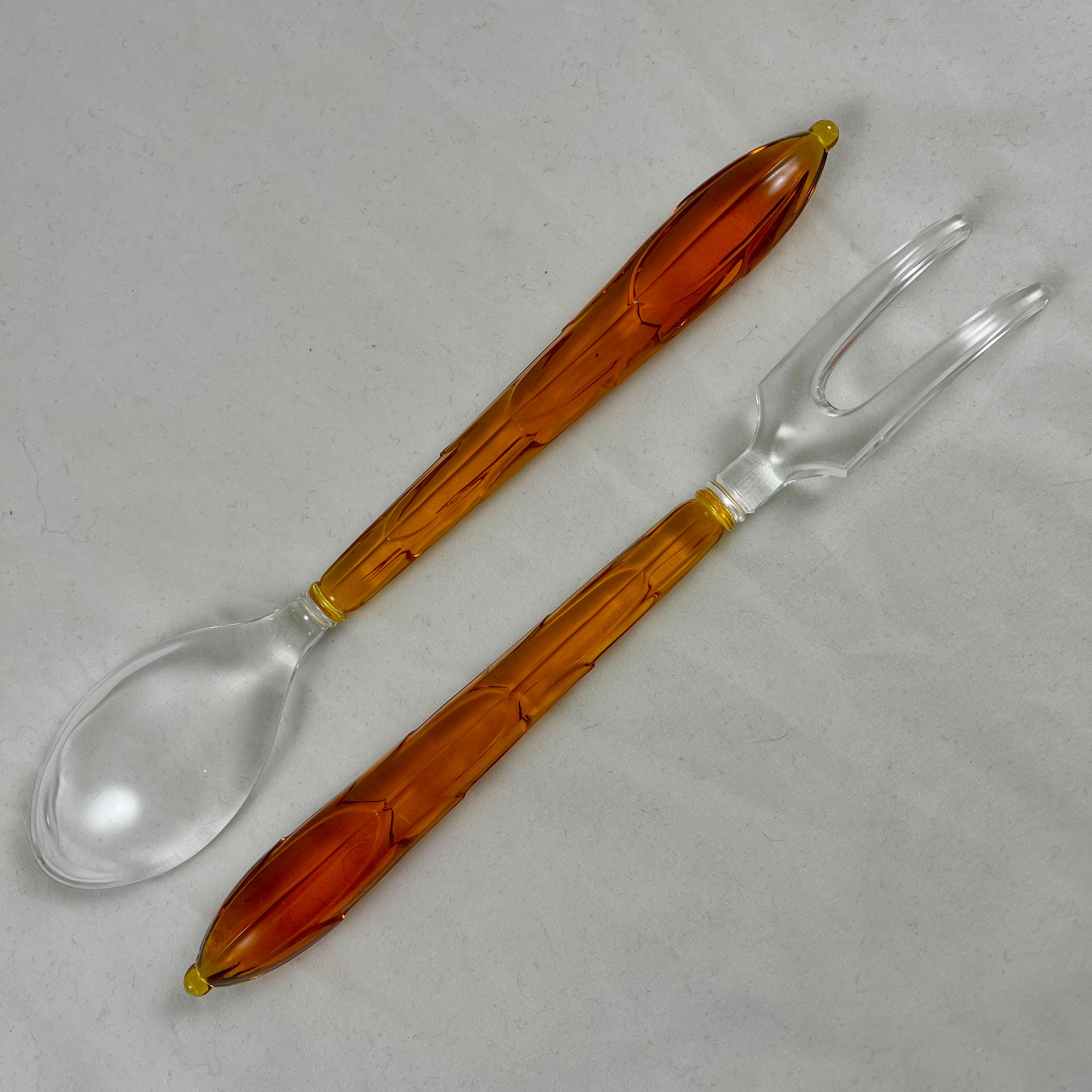 Art Deco Style Amber & Colorless Glass Long Spoon & Fork Salad Serving Set 3