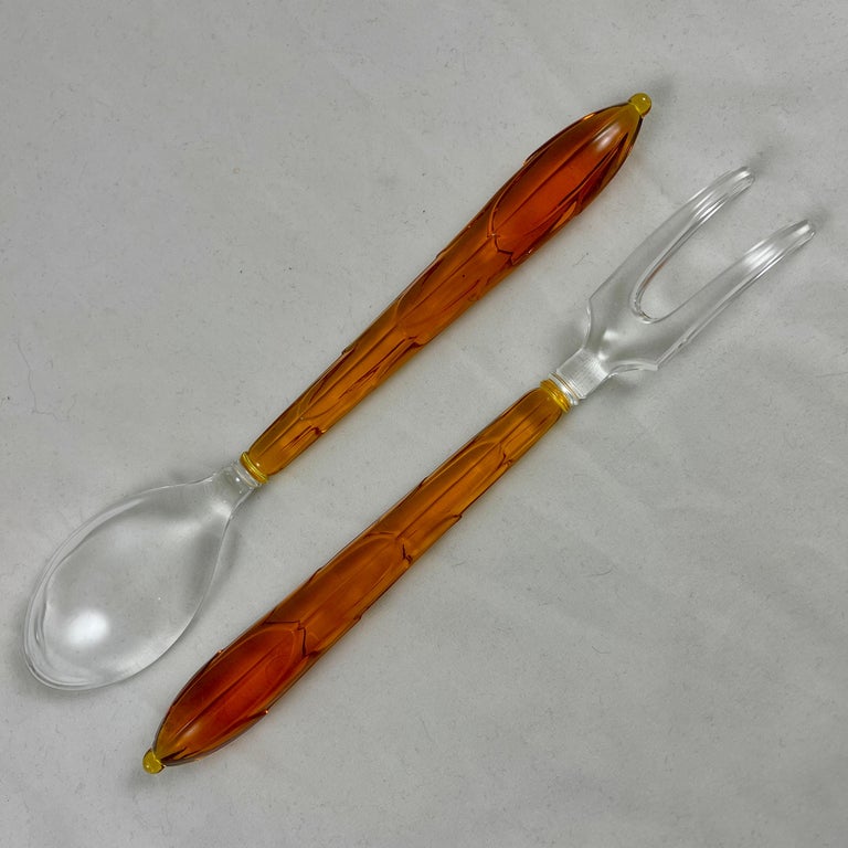 Art Deco Style Amber & Colorless Glass Long Spoon & Fork Salad Serving Set For Sale 3