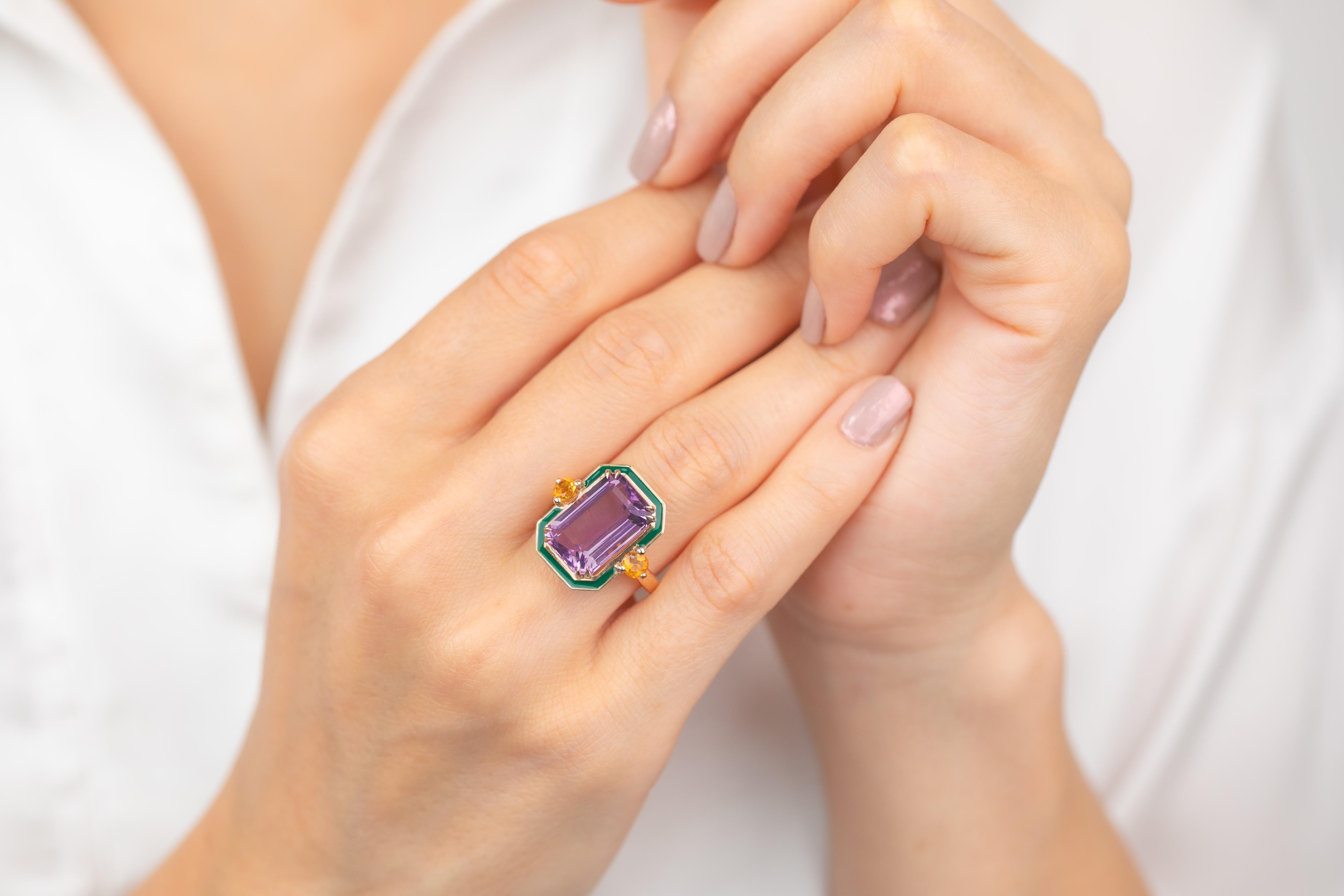 En vente :  Bague en or massif 14 carats, améthyste et citrine, style art déco 10