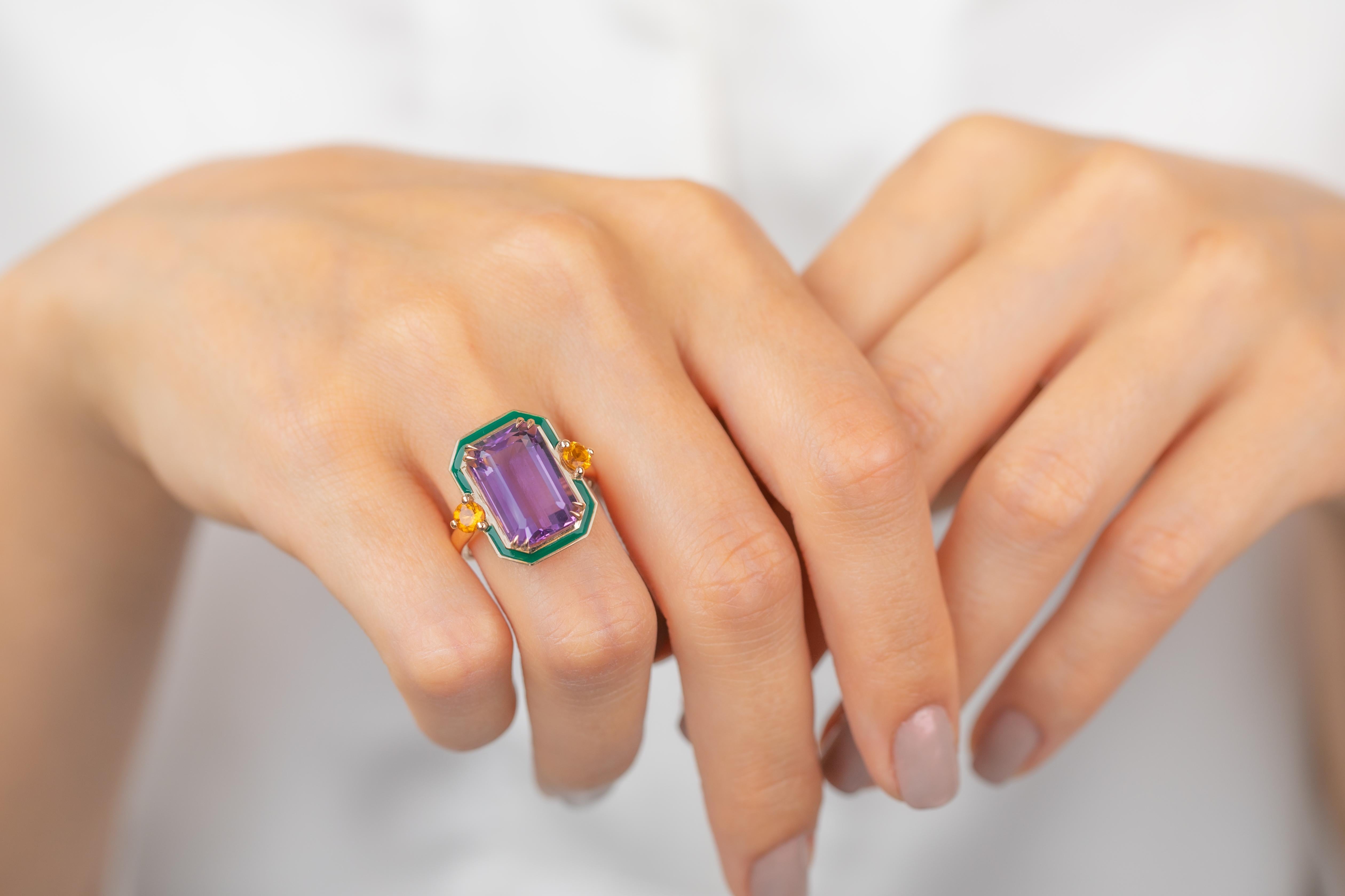 En vente :  Bague en or massif 14 carats, améthyste et citrine, style art déco 11