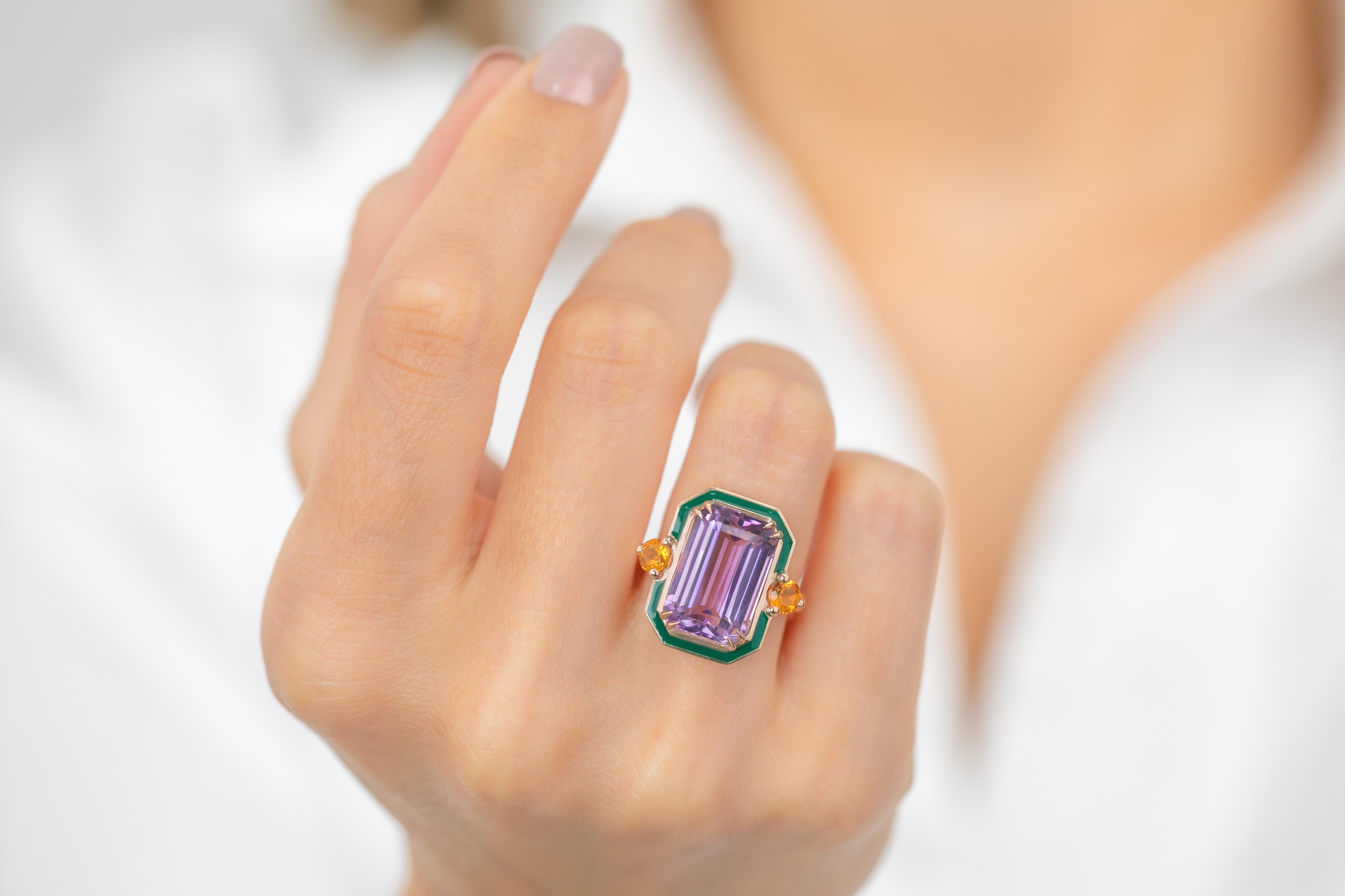 En vente :  Bague en or massif 14 carats, améthyste et citrine, style art déco 12