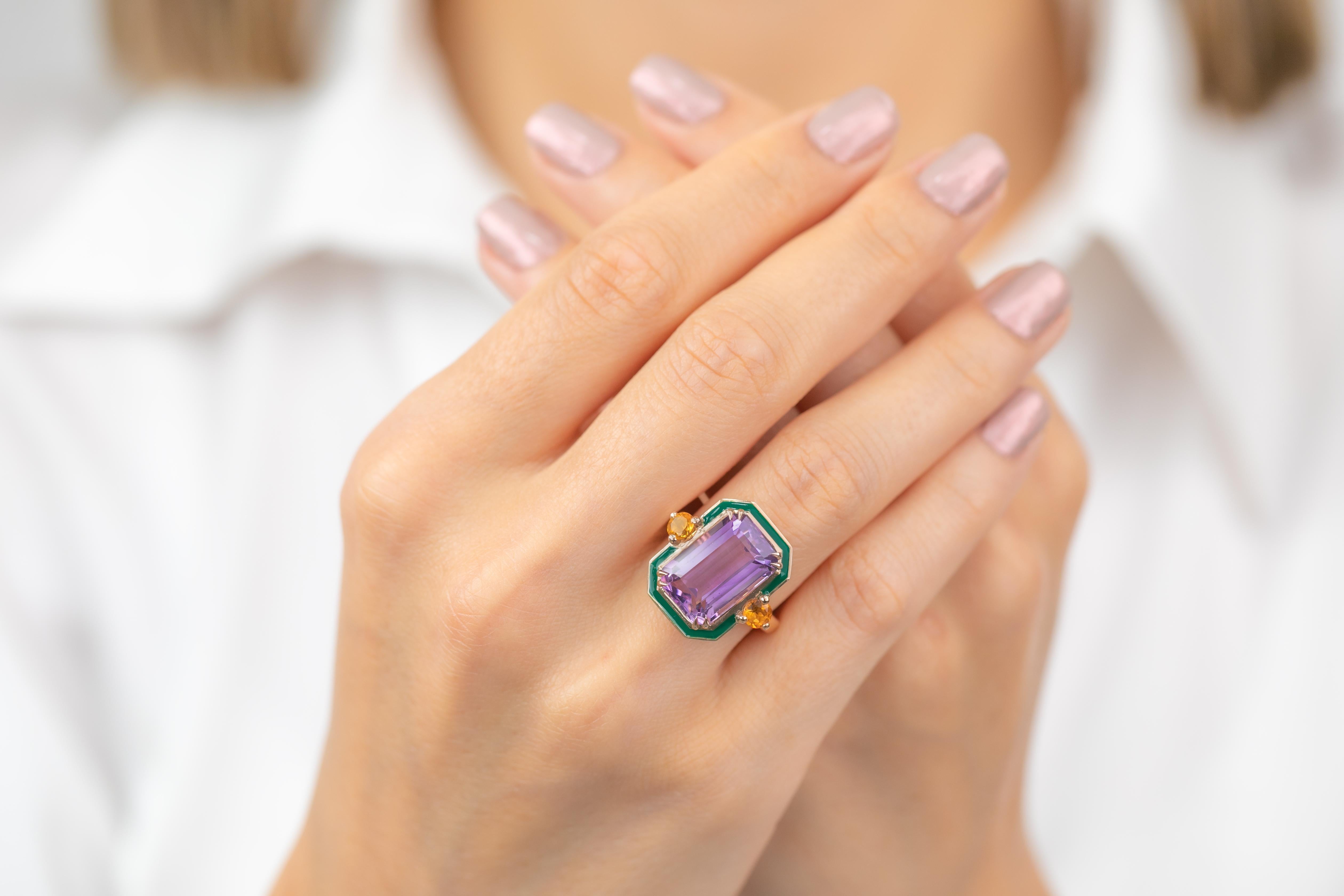 En vente :  Bague en or massif 14 carats, améthyste et citrine, style art déco 13