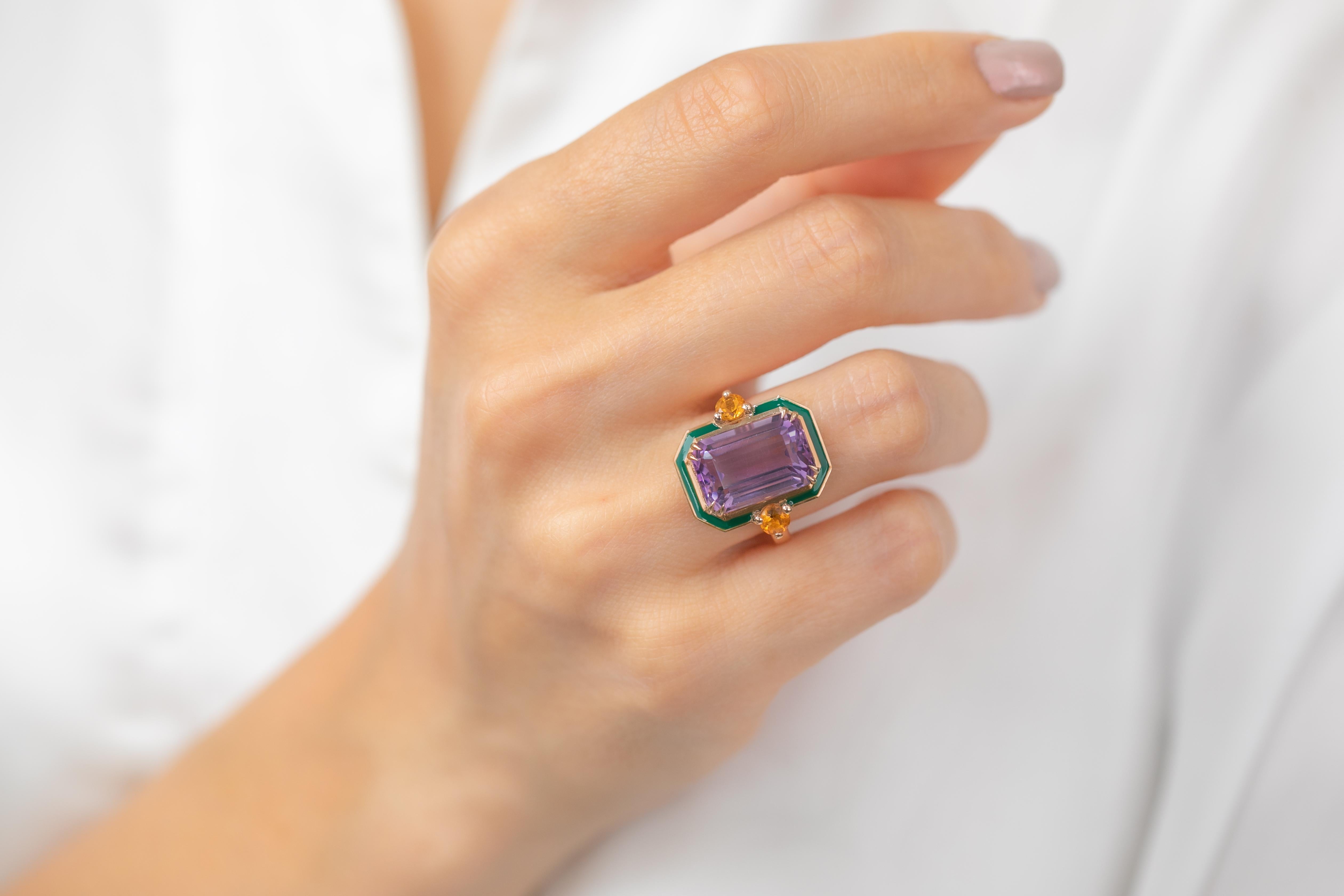 En vente :  Bague en or massif 14 carats, améthyste et citrine, style art déco 14