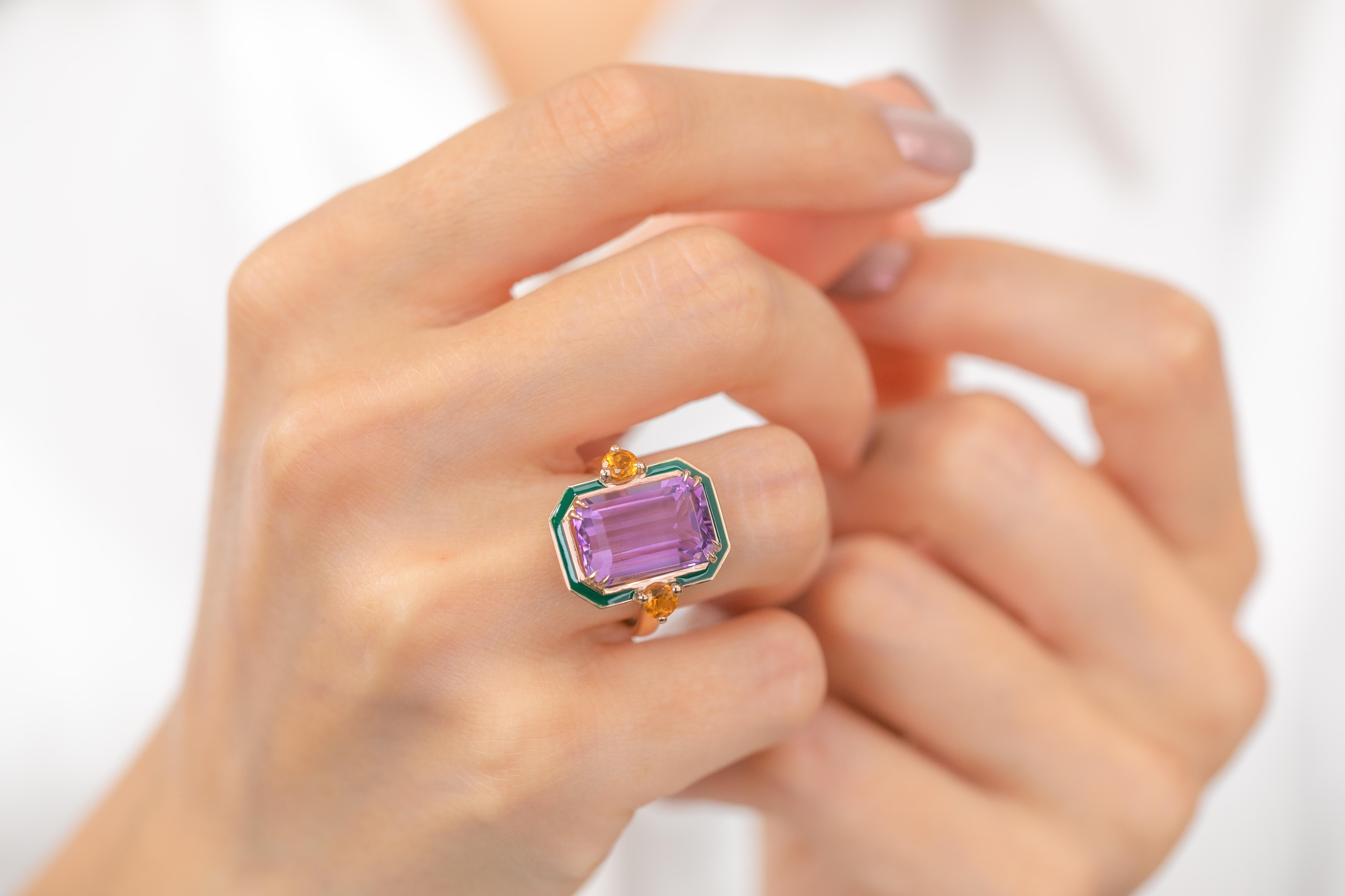 En vente :  Bague en or massif 14 carats, améthyste et citrine, style art déco 15