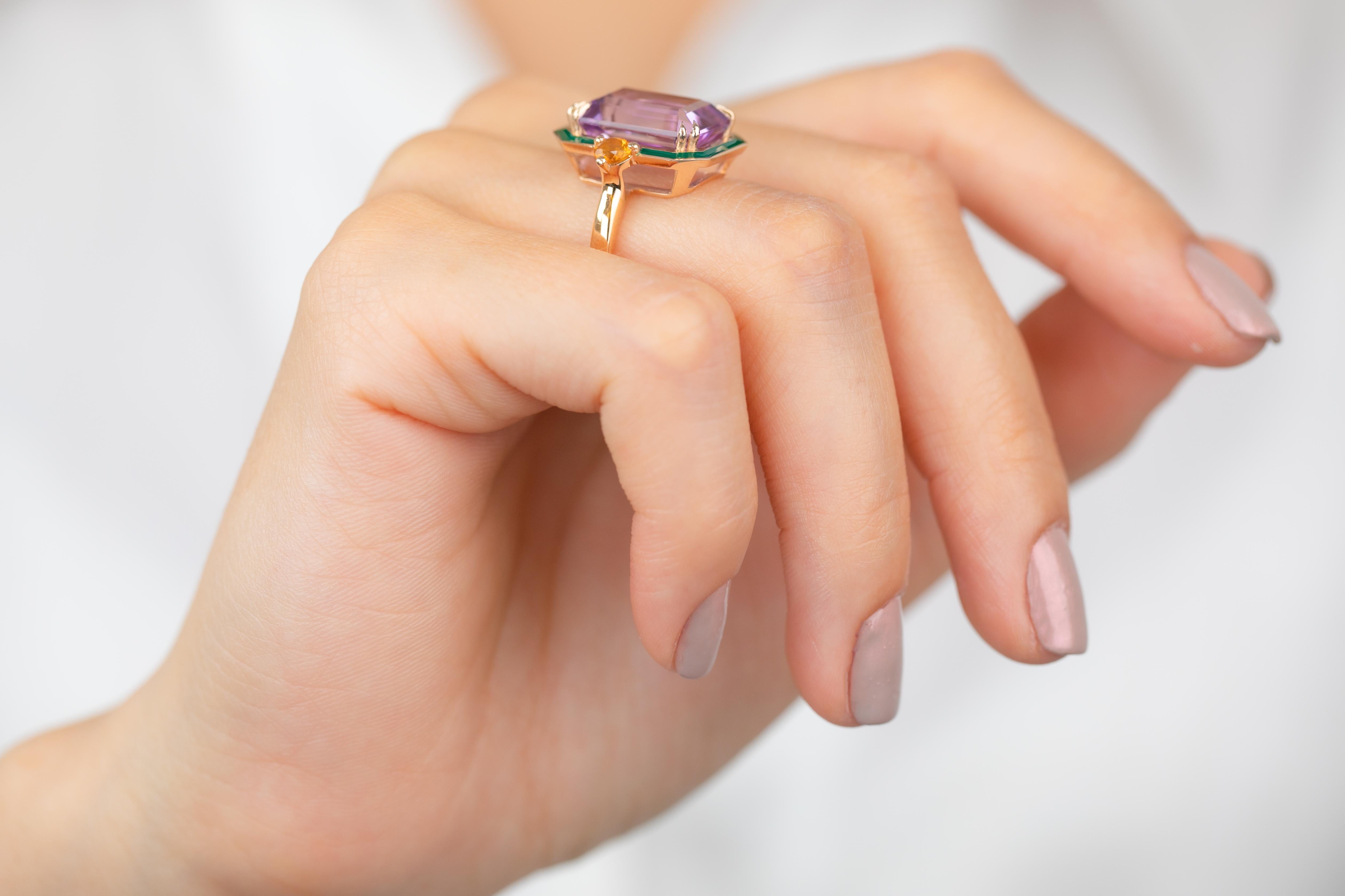 En vente :  Bague en or massif 14 carats, améthyste et citrine, style art déco 16