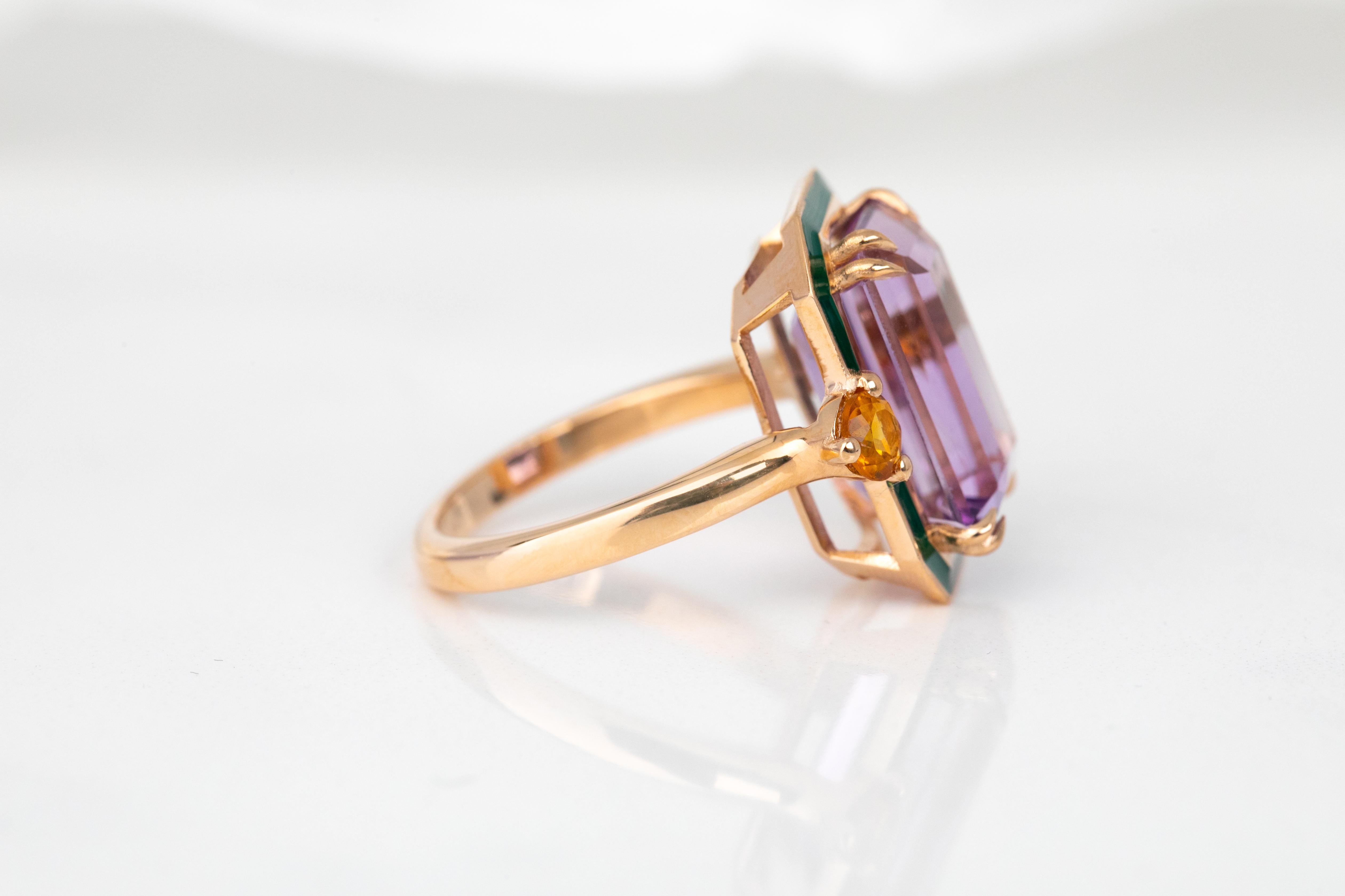 En vente :  Bague en or massif 14 carats, améthyste et citrine, style art déco 17