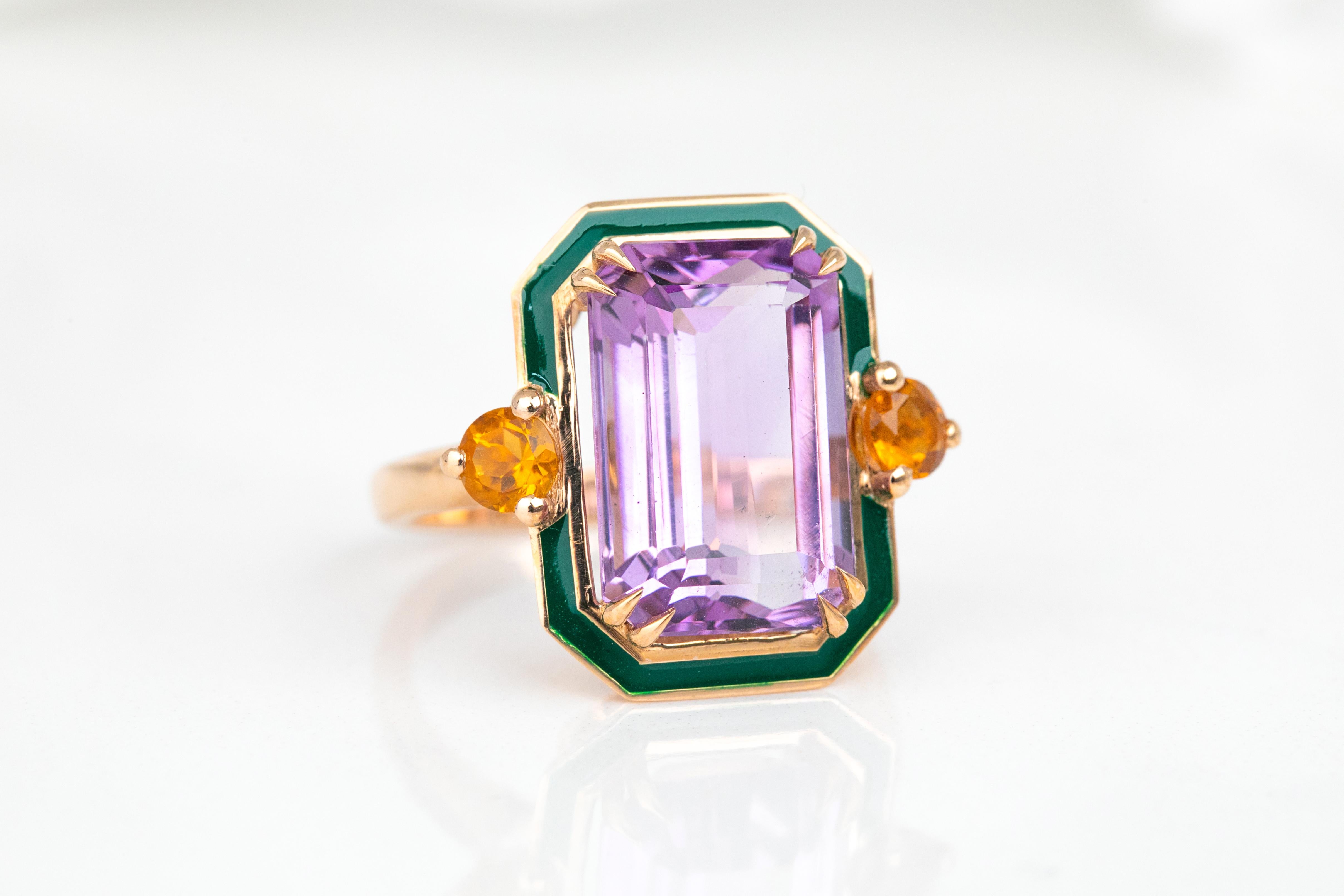 En vente :  Bague en or massif 14 carats, améthyste et citrine, style art déco 2