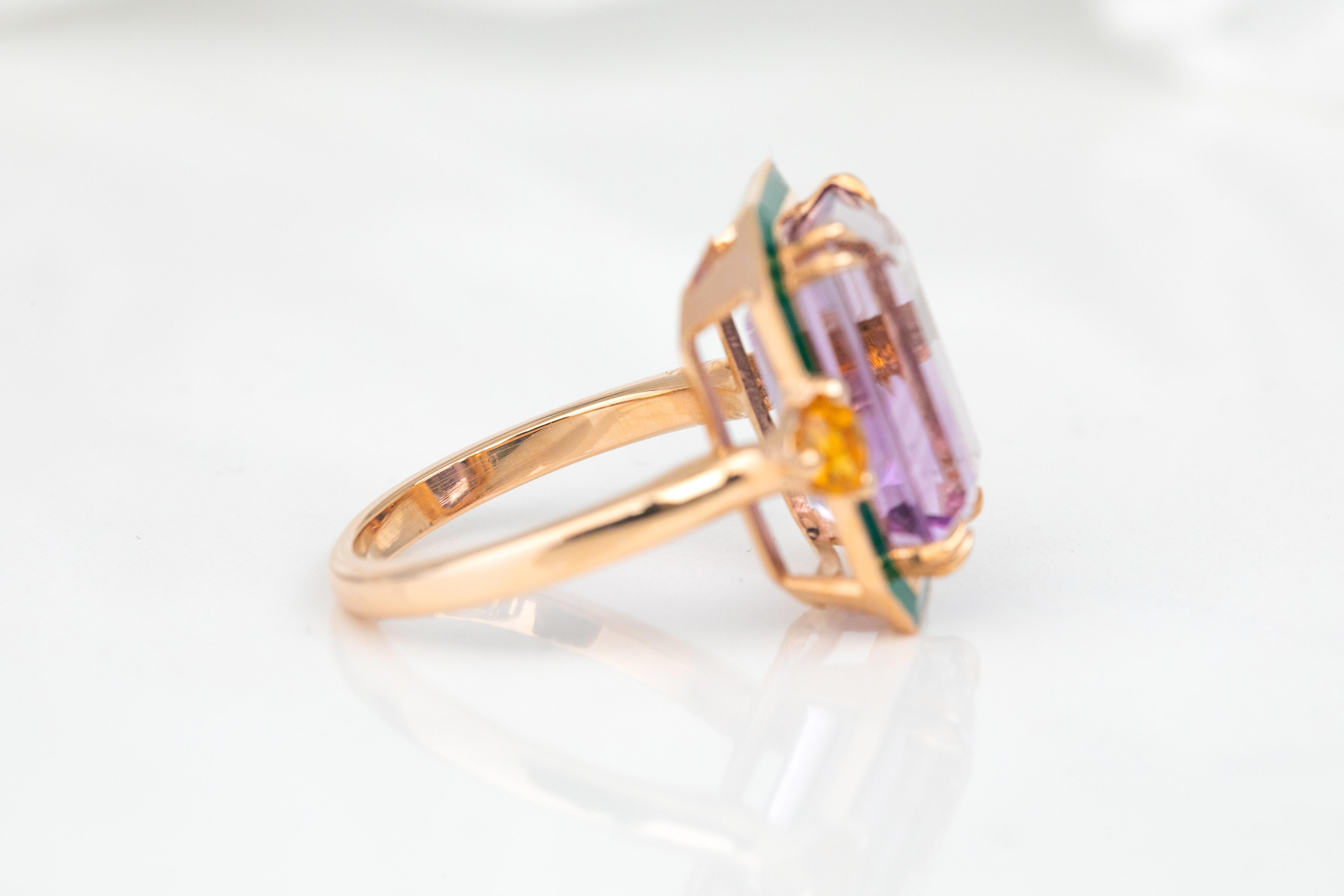 En vente :  Bague en or massif 14 carats, améthyste et citrine, style art déco 3
