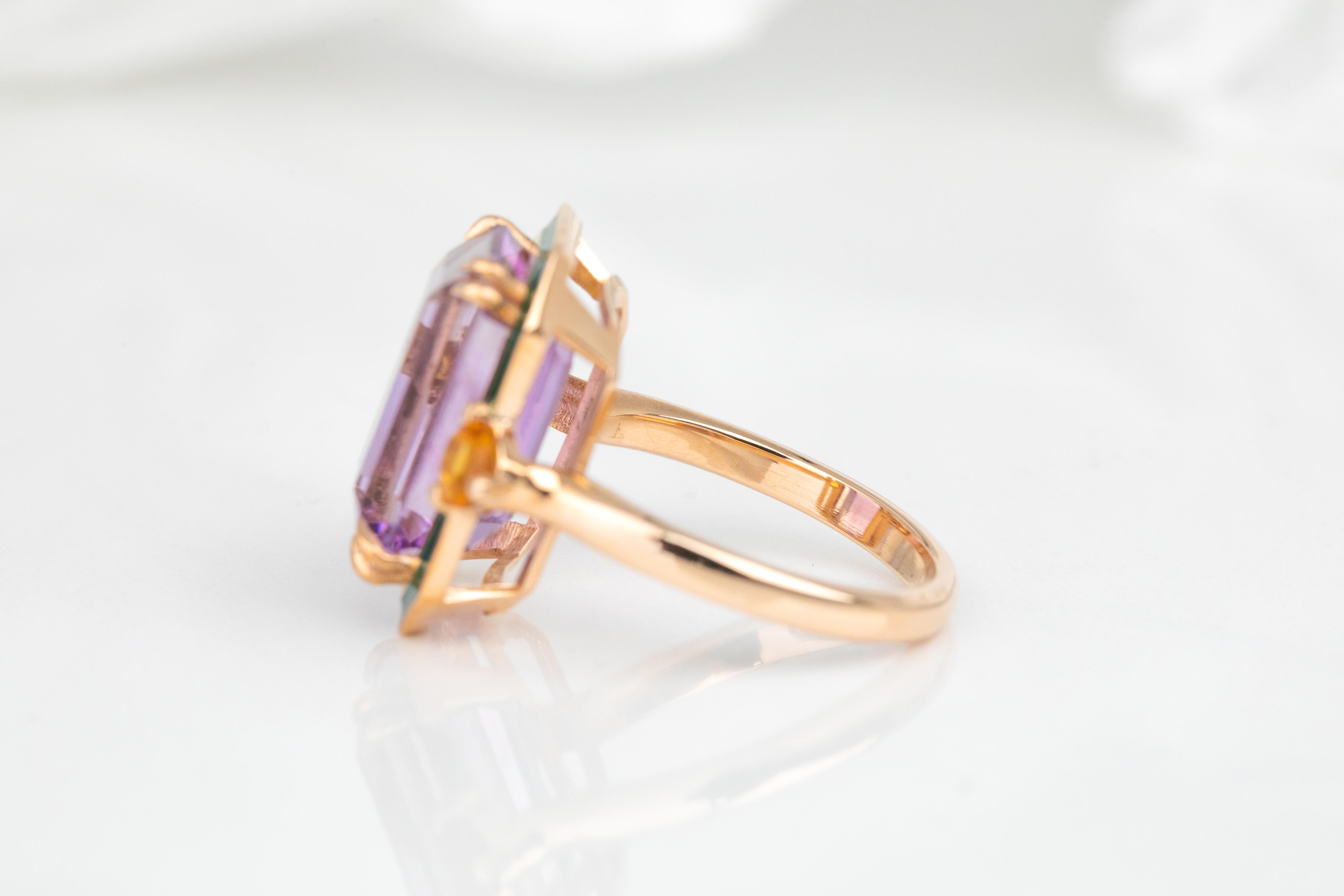 En vente :  Bague en or massif 14 carats, améthyste et citrine, style art déco 5