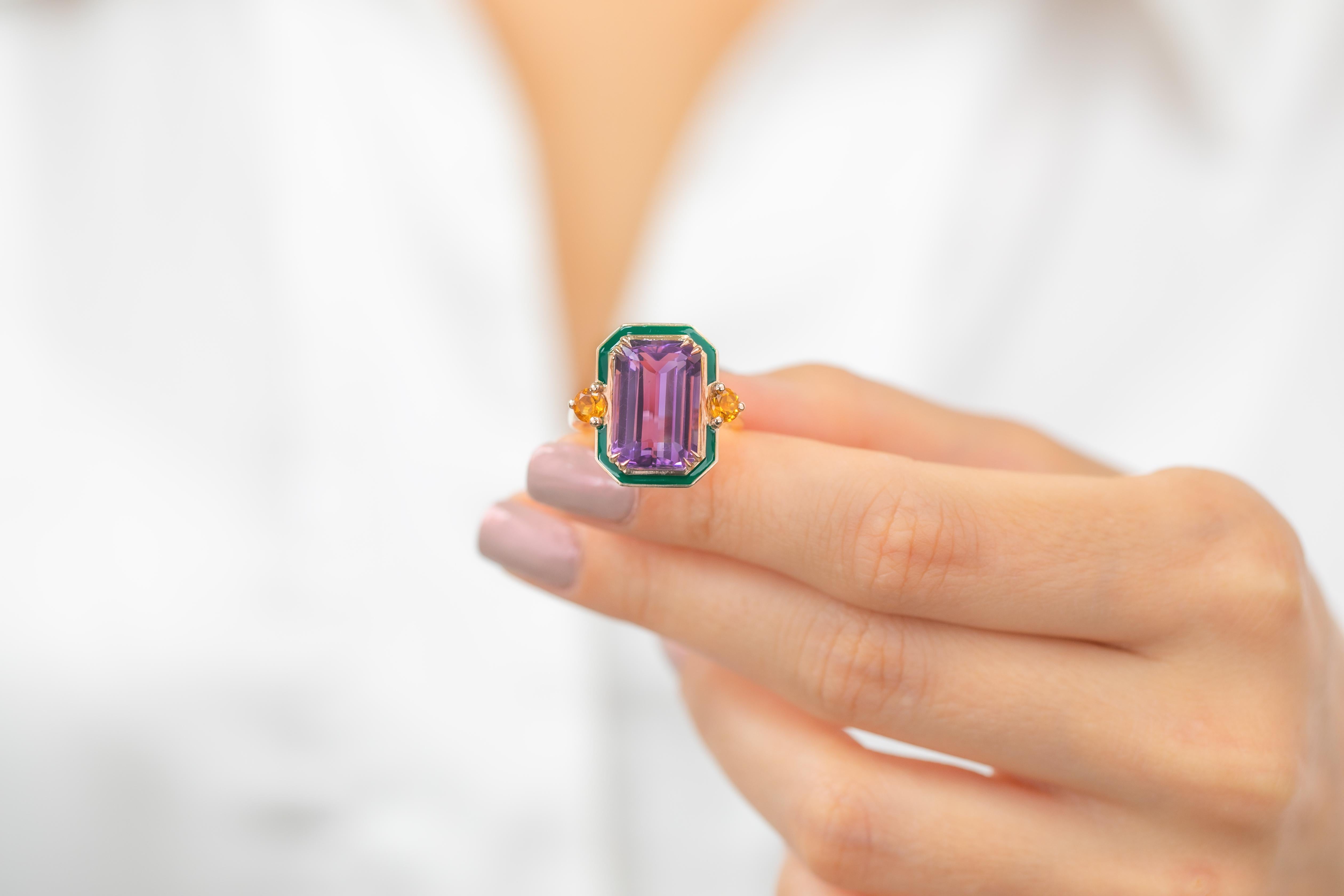 En vente :  Bague en or massif 14 carats, améthyste et citrine, style art déco 8