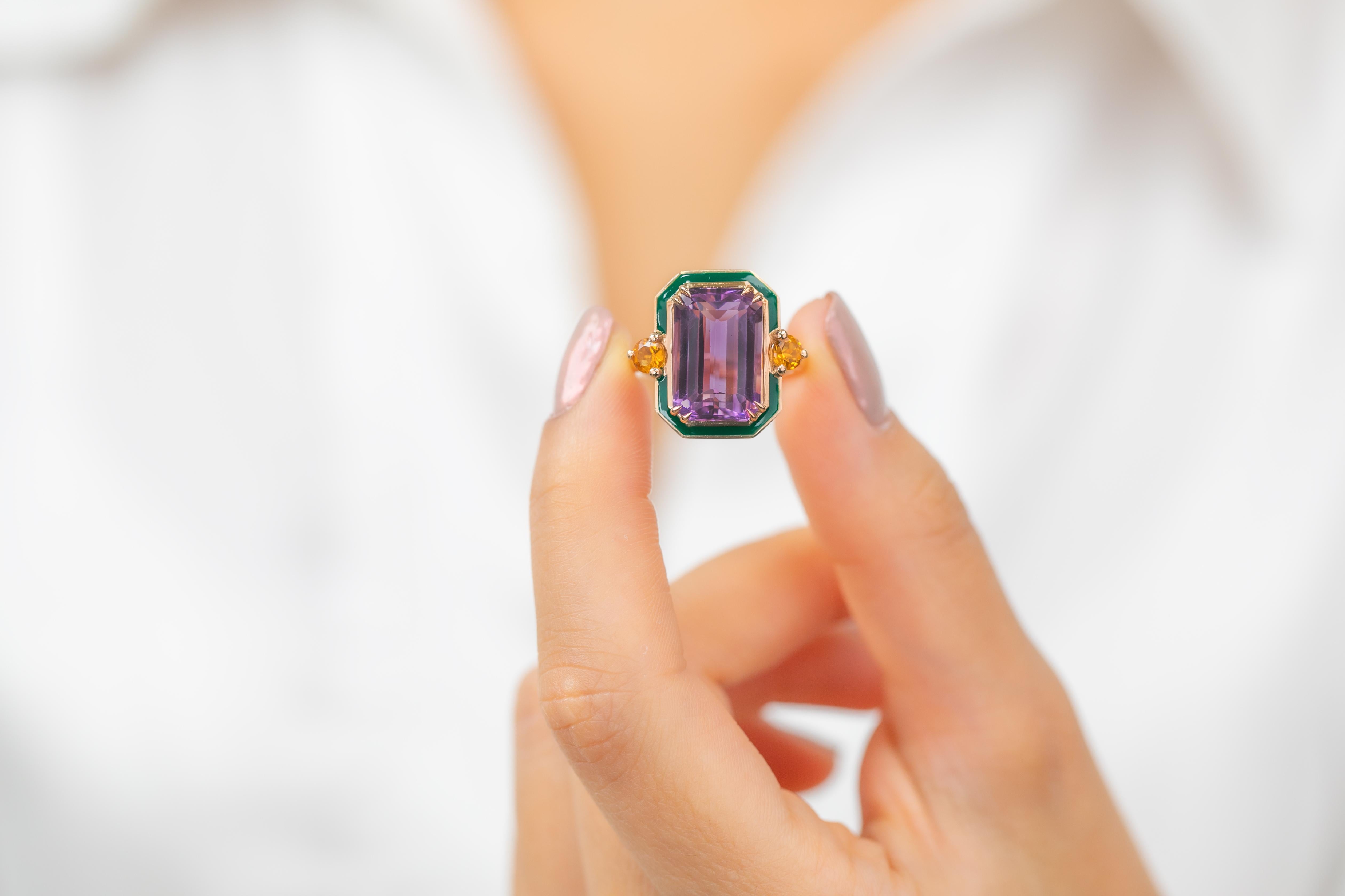En vente :  Bague en or massif 14 carats, améthyste et citrine, style art déco 9