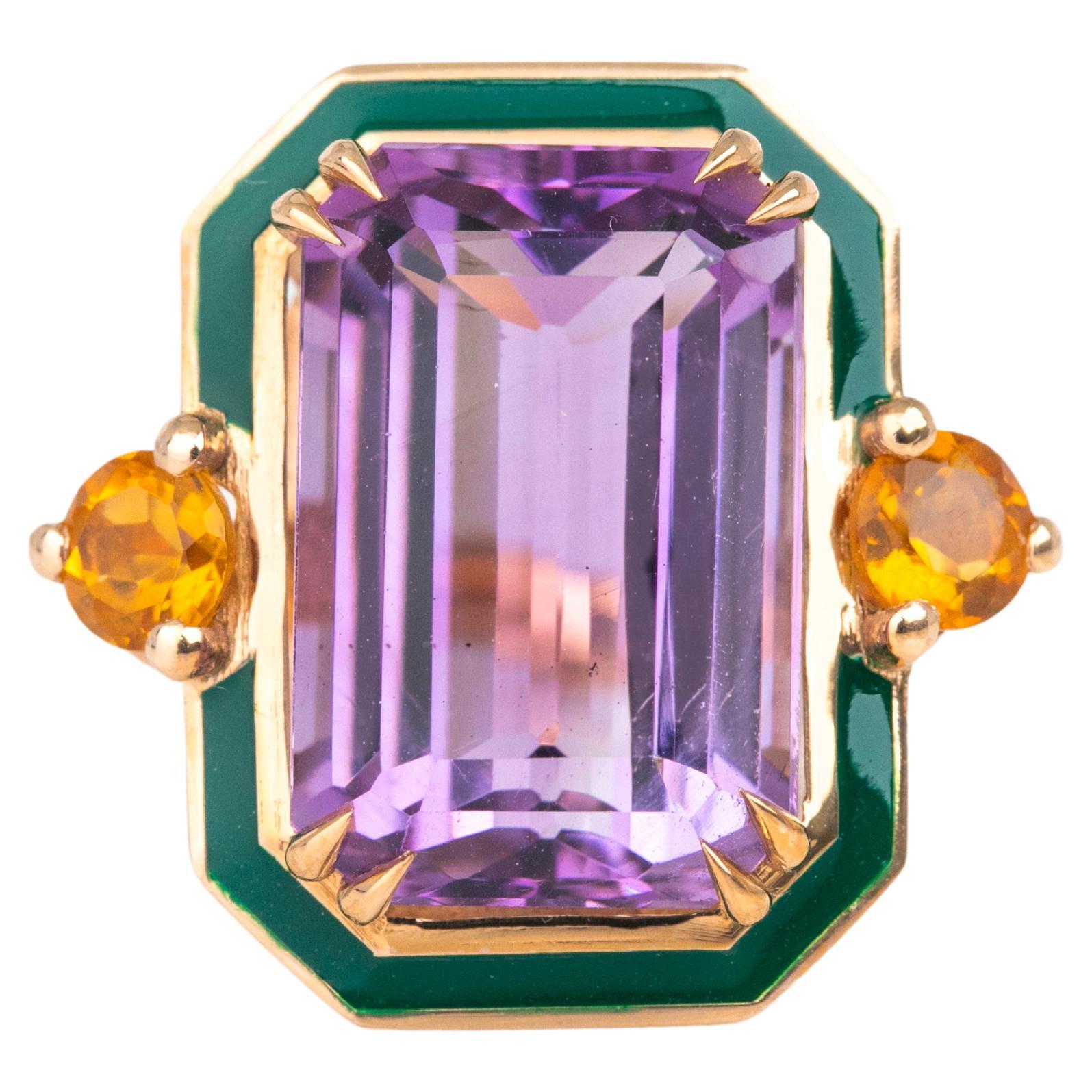 Art Deco Style Amethyst and Citrine Stone, 14K Solid Gold Ring