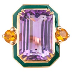 Art Deco Style Amethyst and Citrine Stone, 14K Solid Gold Ring