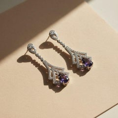 Orecchini a goccia in stile Art Deco con ametista e topazio incolore, oro 14k