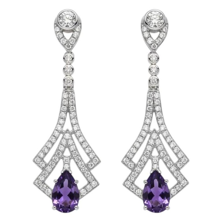 Art Deco Style Amethyst and Colorless Topaz Drop Earrings 14k gold