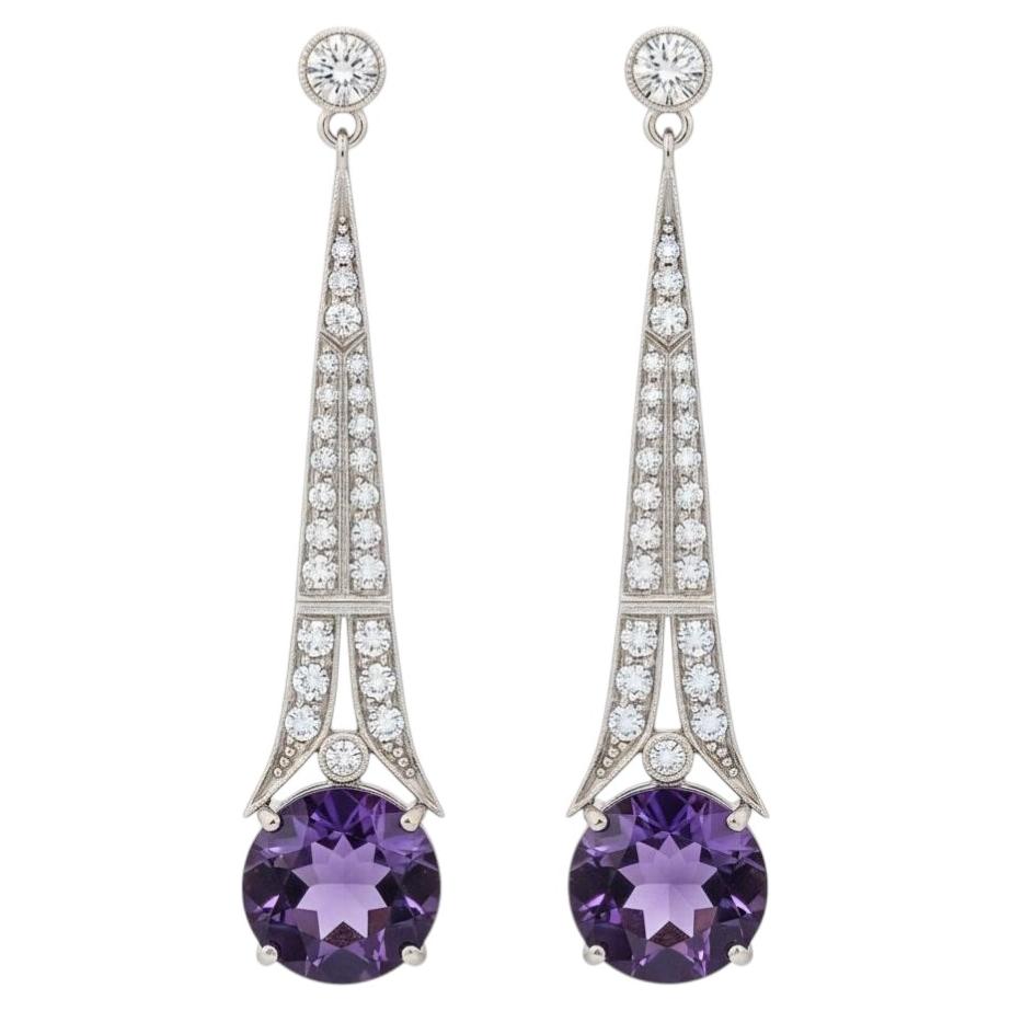 Pendientes de gota de amatista y topacio incoloro estilo Art Déco plata, oro en venta