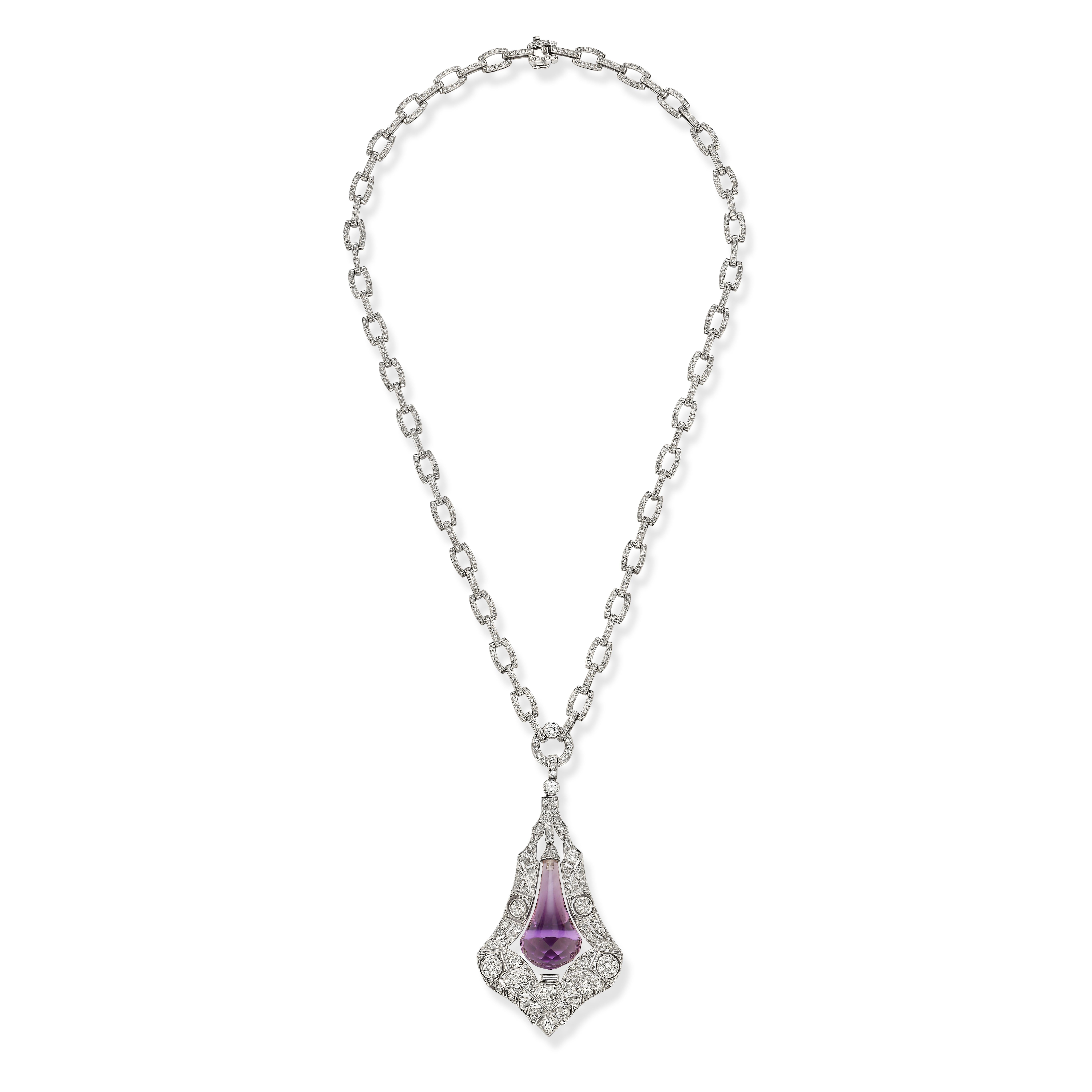 Collar Colgante Gota Amatista y Diamantes Estilo Art Déco Corte redondo en venta