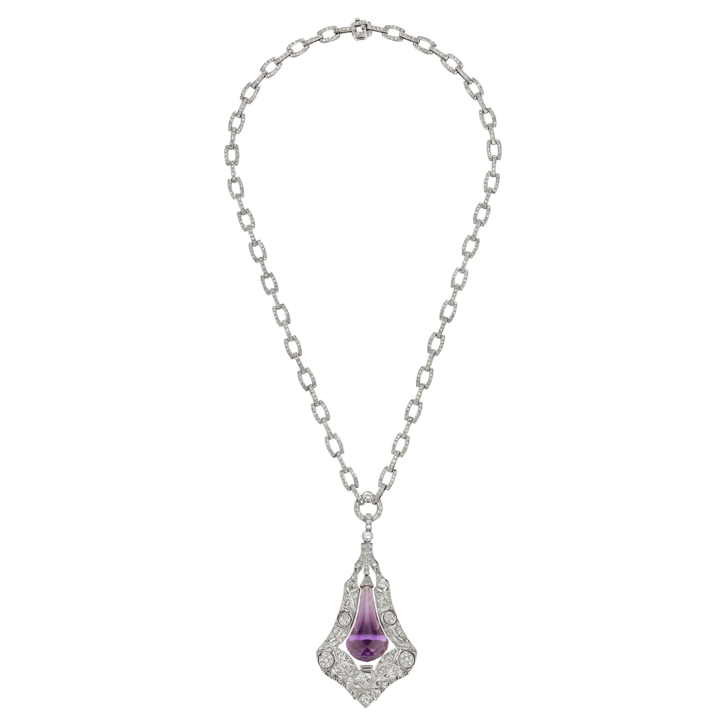 Art Deco Style Amethyst and Diamond Drop Pendant Necklace