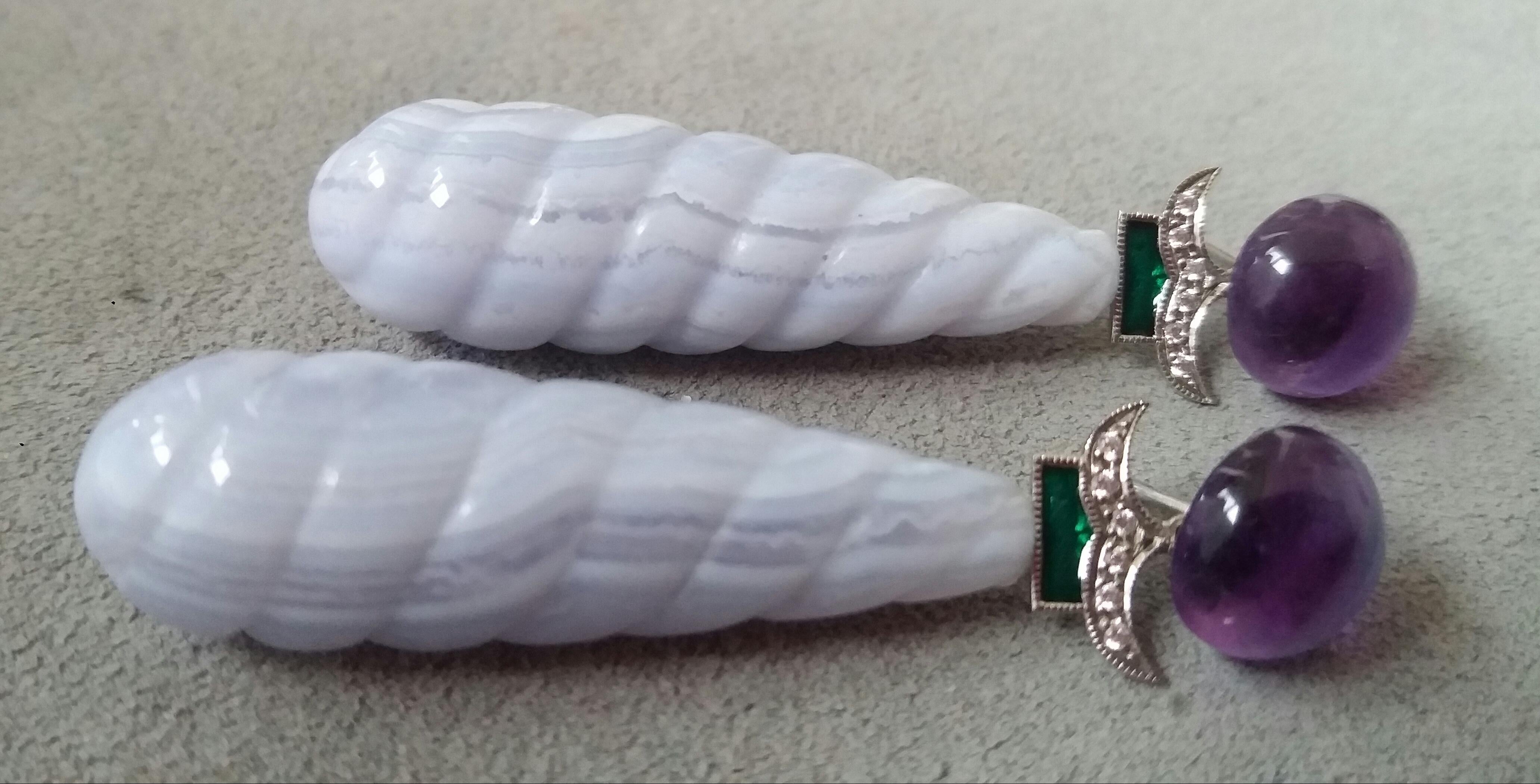 Art Deco Style Amethyst Blue Lace Agate Green Enamel Gold Diamonds Earrings In Good Condition For Sale In Bangkok, TH