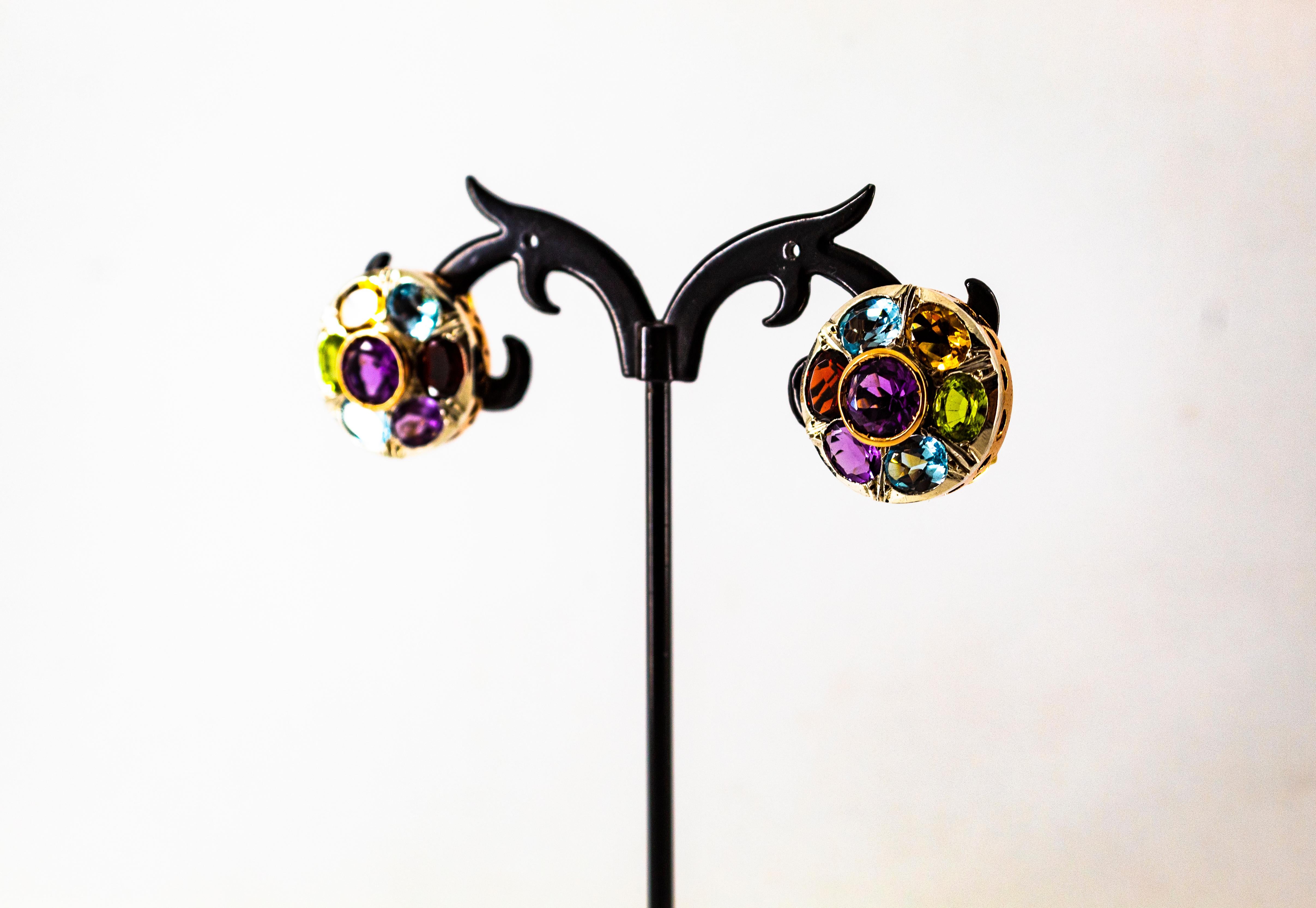 Boucles d'oreilles Art Déco Améthyste Topaze Bleue Péridot Grenat Citrine Or Jaune en vente 4