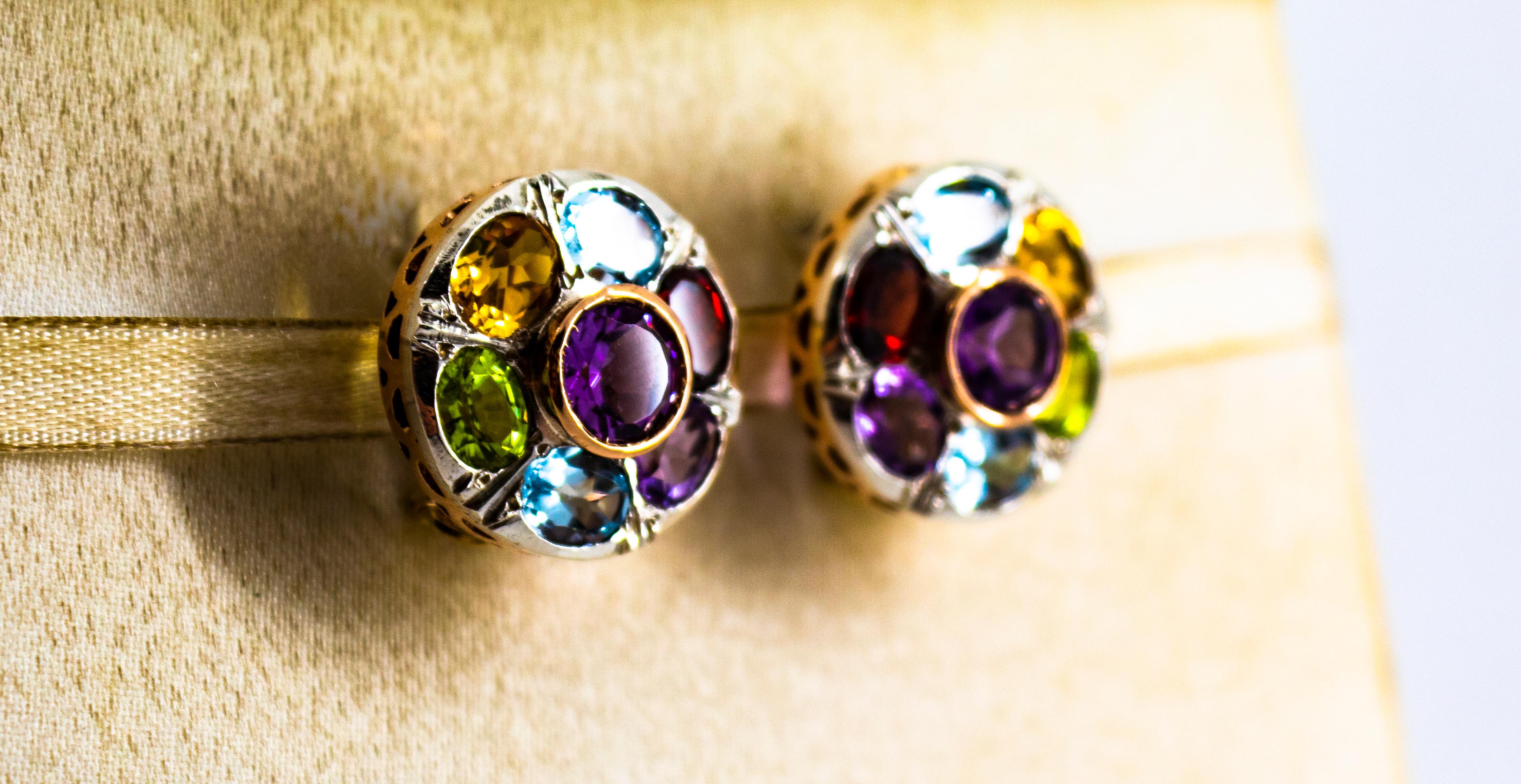 Art déco Boucles d'oreilles Art Déco Améthyste Topaze Bleue Péridot Grenat Citrine Or Jaune en vente