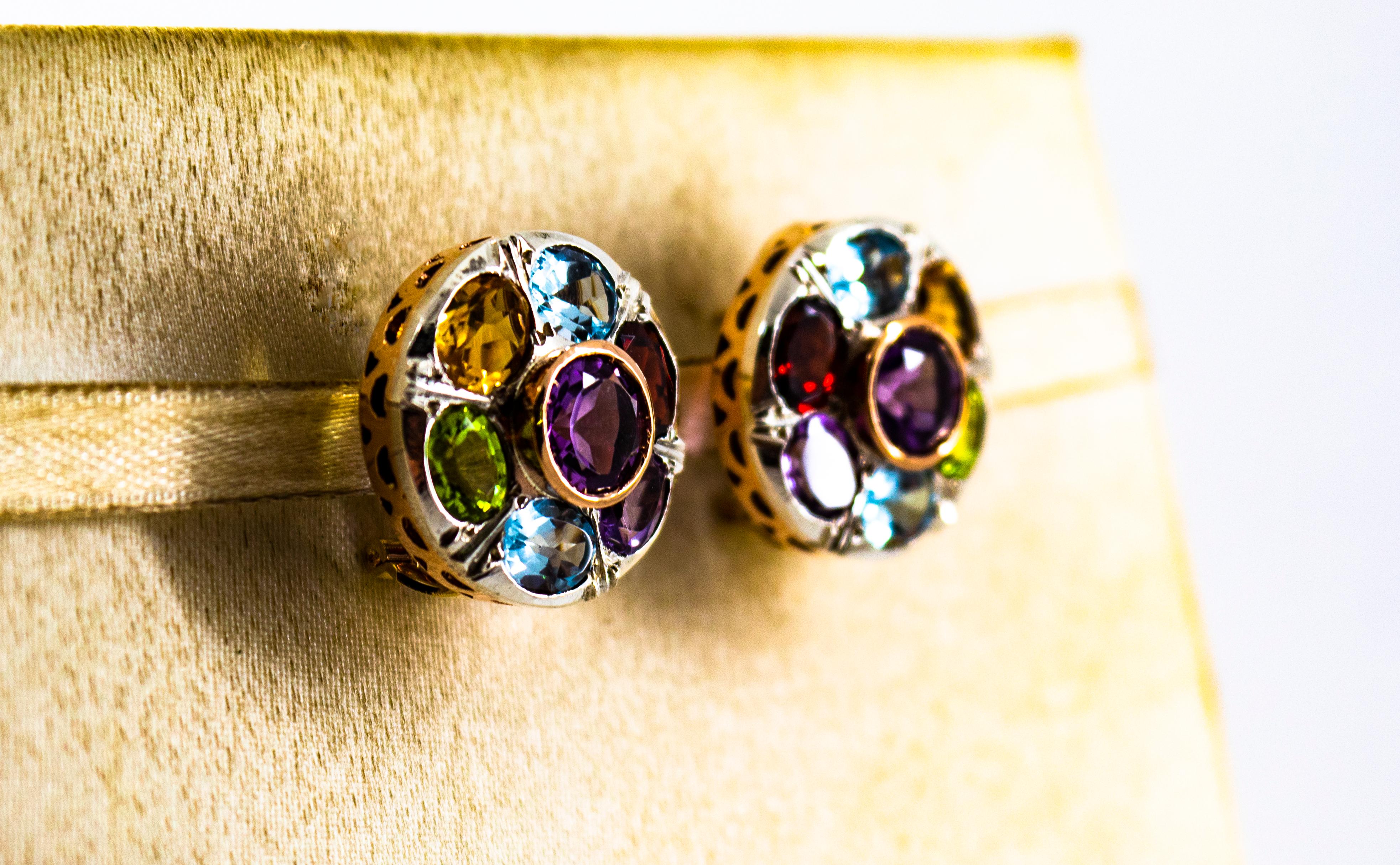 Art Deco Style Amethyst Blue Topaz Peridot Garnet Citrine Yellow Gold Earrings In New Condition For Sale In Naples, IT