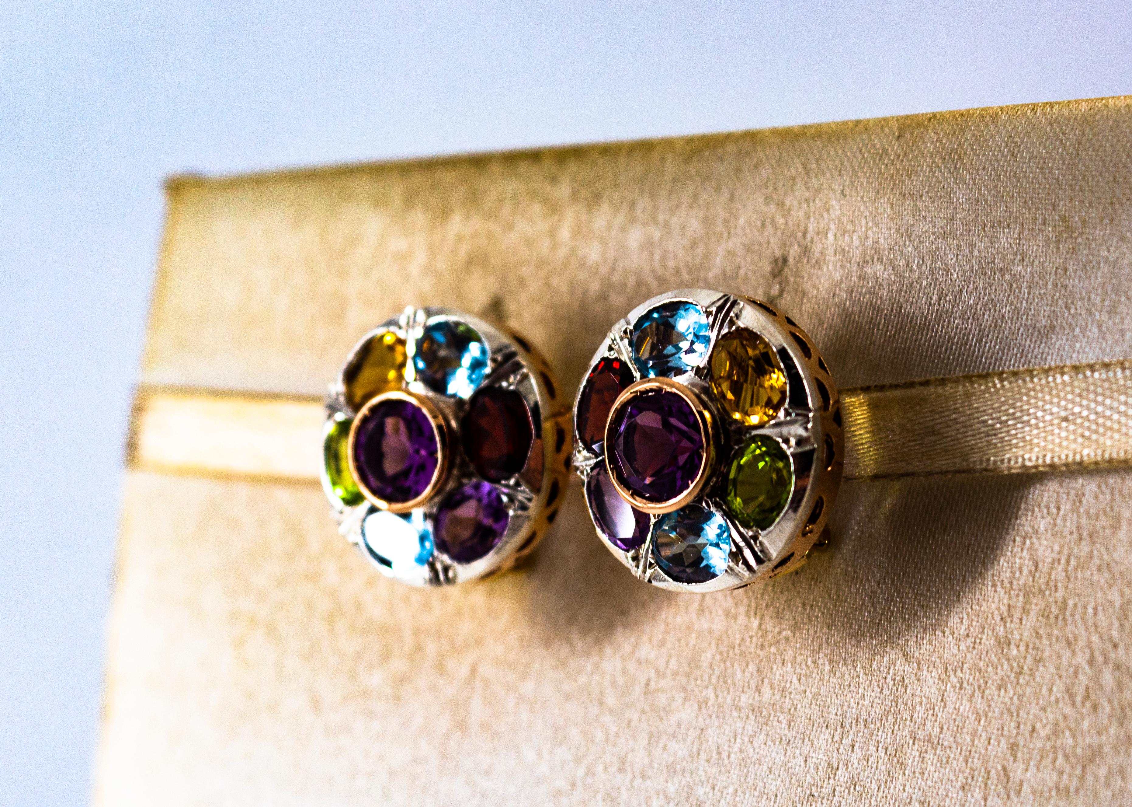 Women's or Men's Art Deco Style Amethyst Blue Topaz Peridot Garnet Citrine Yellow Gold Earrings