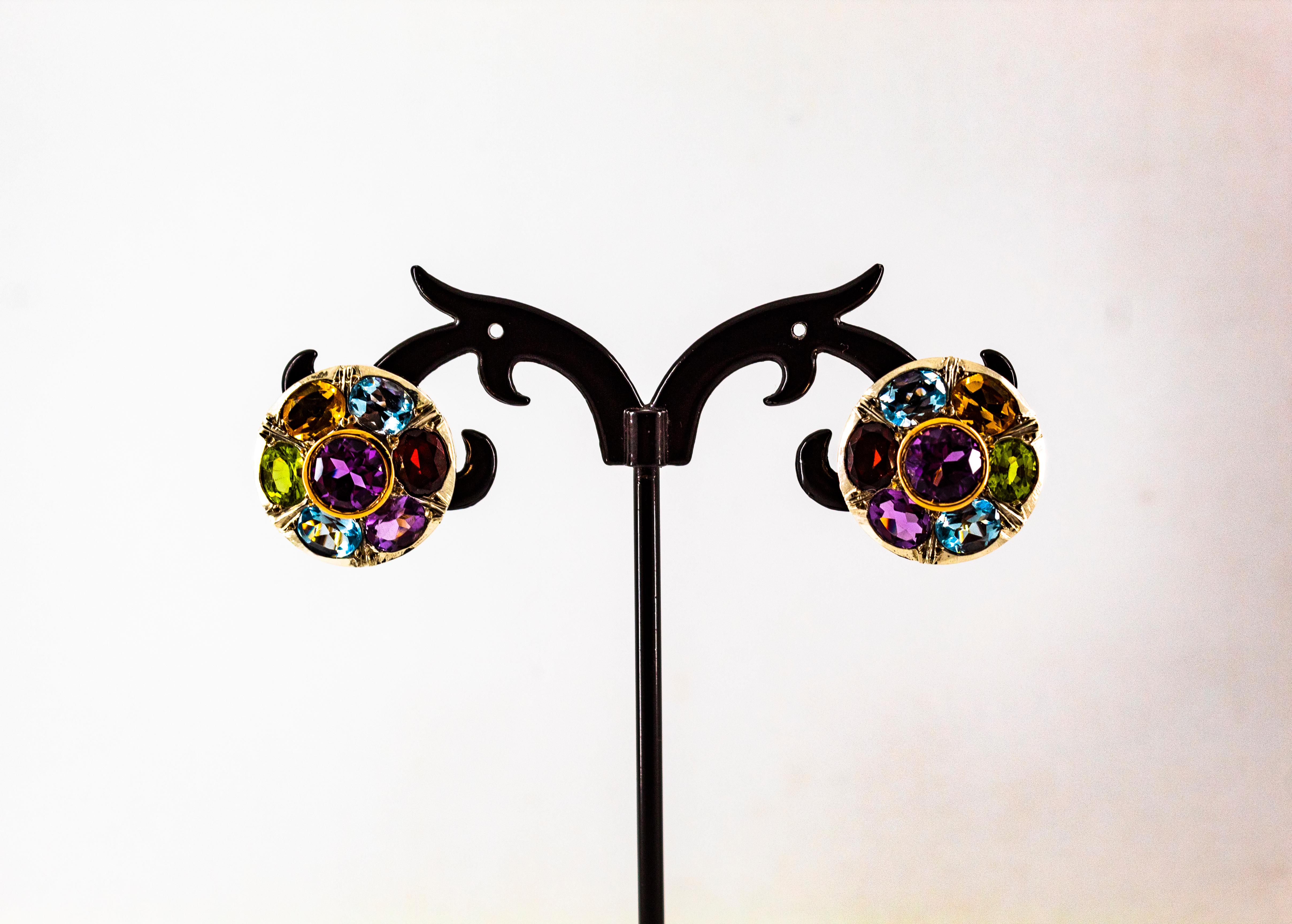 Boucles d'oreilles Art Déco Améthyste Topaze Bleue Péridot Grenat Citrine Or Jaune Unisexe en vente