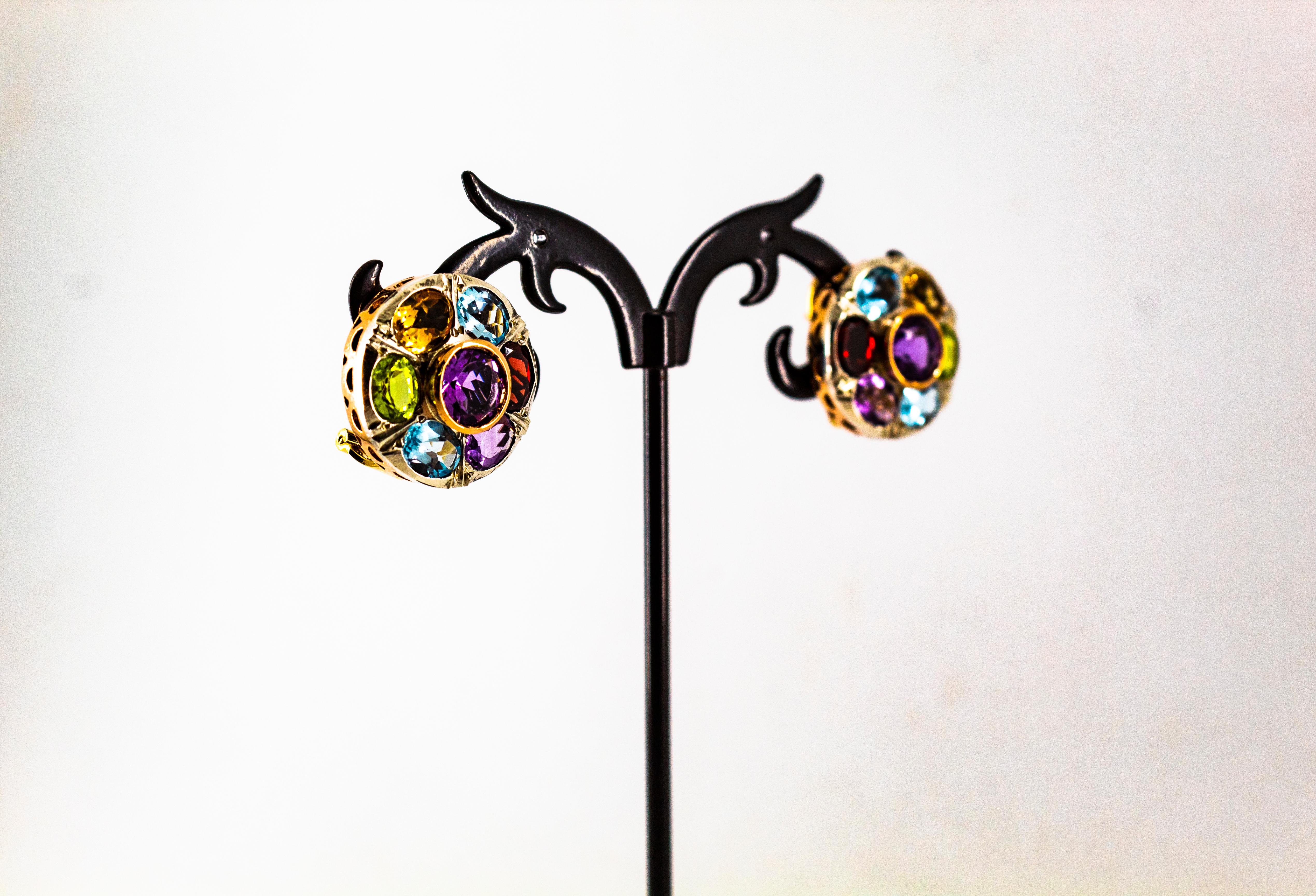 Boucles d'oreilles Art Déco Améthyste Topaze Bleue Péridot Grenat Citrine Or Jaune en vente 1