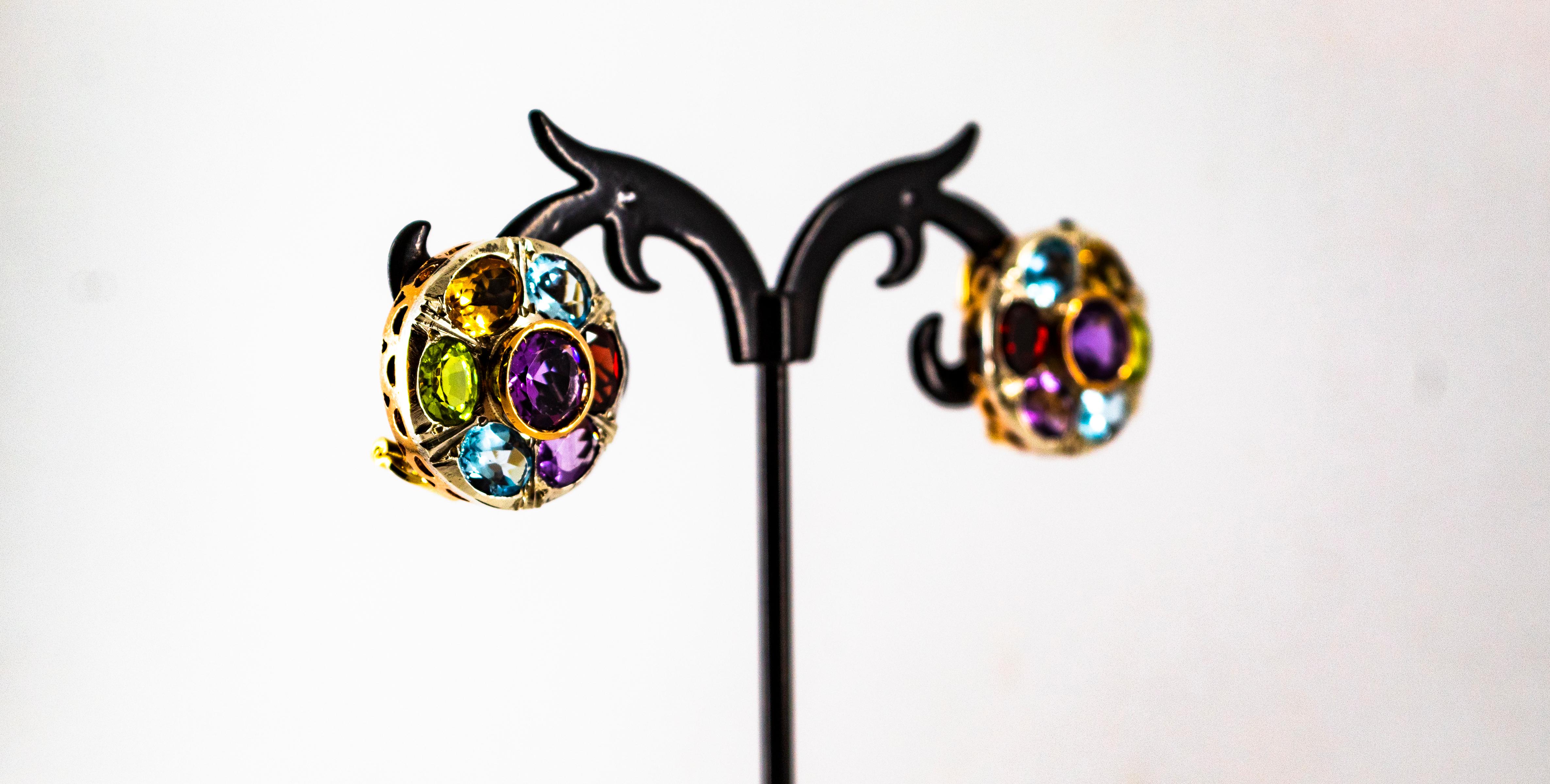 Boucles d'oreilles Art Déco Améthyste Topaze Bleue Péridot Grenat Citrine Or Jaune en vente 2