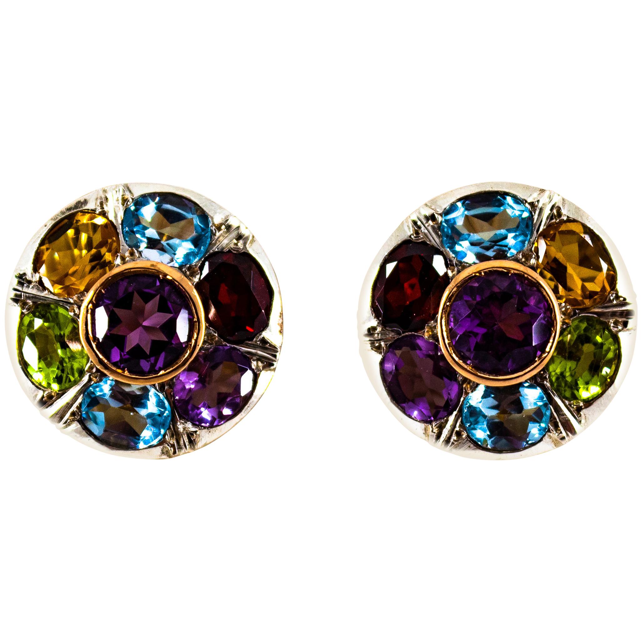 Art Deco Style Amethyst Blue Topaz Peridot Garnet Citrine Yellow Gold Earrings