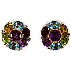 Art Deco Style Amethyst Blue Topaz Peridot Garnet Citrine Yellow Gold Earrings