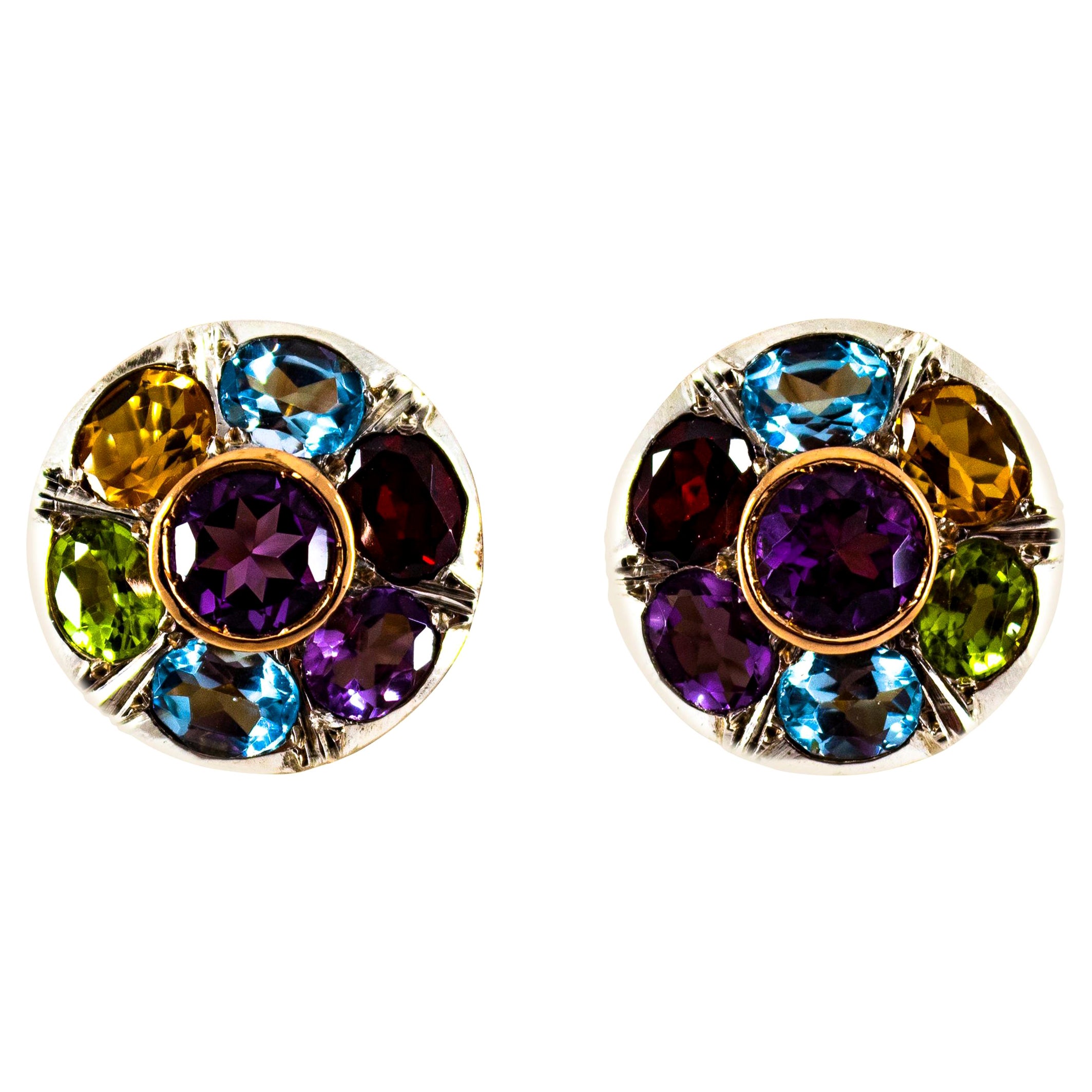 Art Deco Style Amethyst Blue Topaz Peridot Garnet Citrine Yellow Gold Earrings