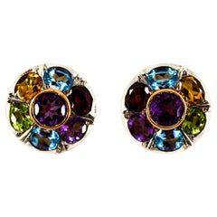 Art Deco Style Amethyst Blue Topaz Peridot Garnet Citrine Yellow Gold Earrings