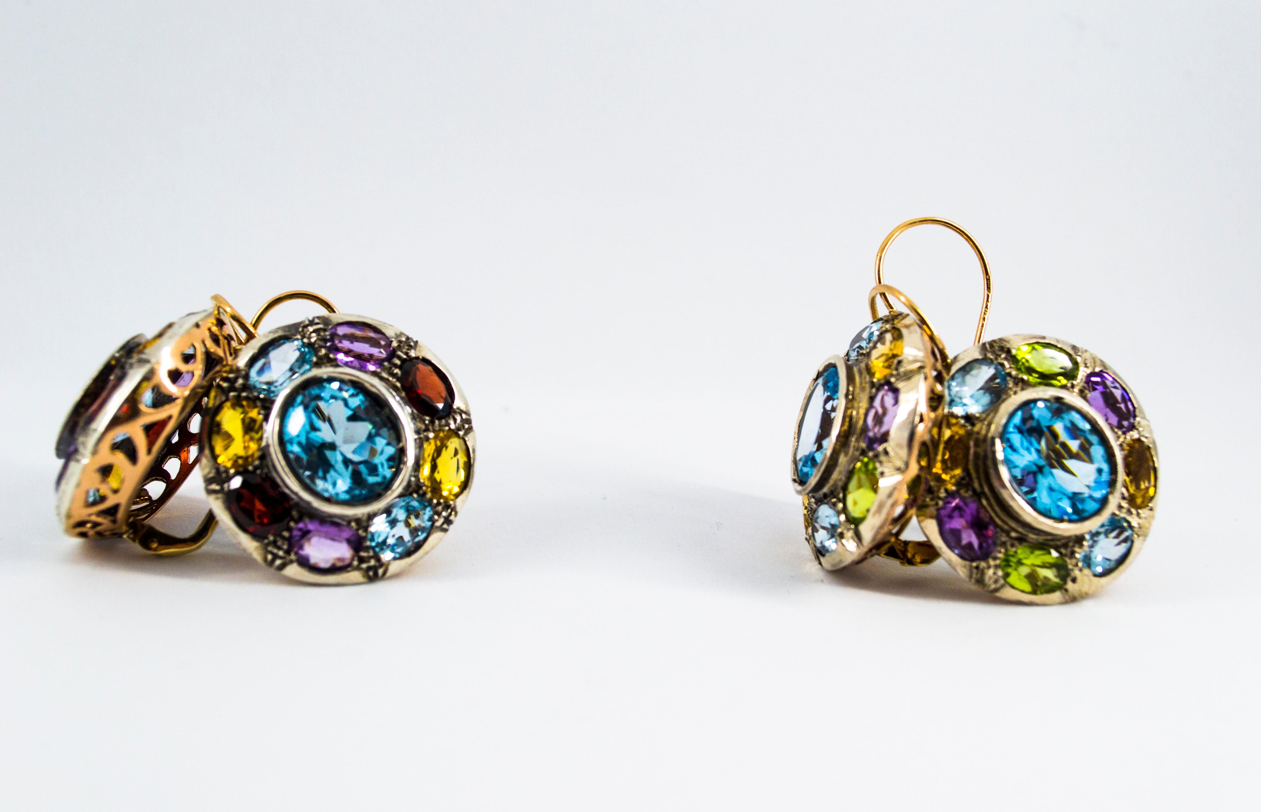 Boucles d'oreilles Art Déco Améthyste Topaze Bleue Quartz Péridot Citrine Or Jaune en vente 6