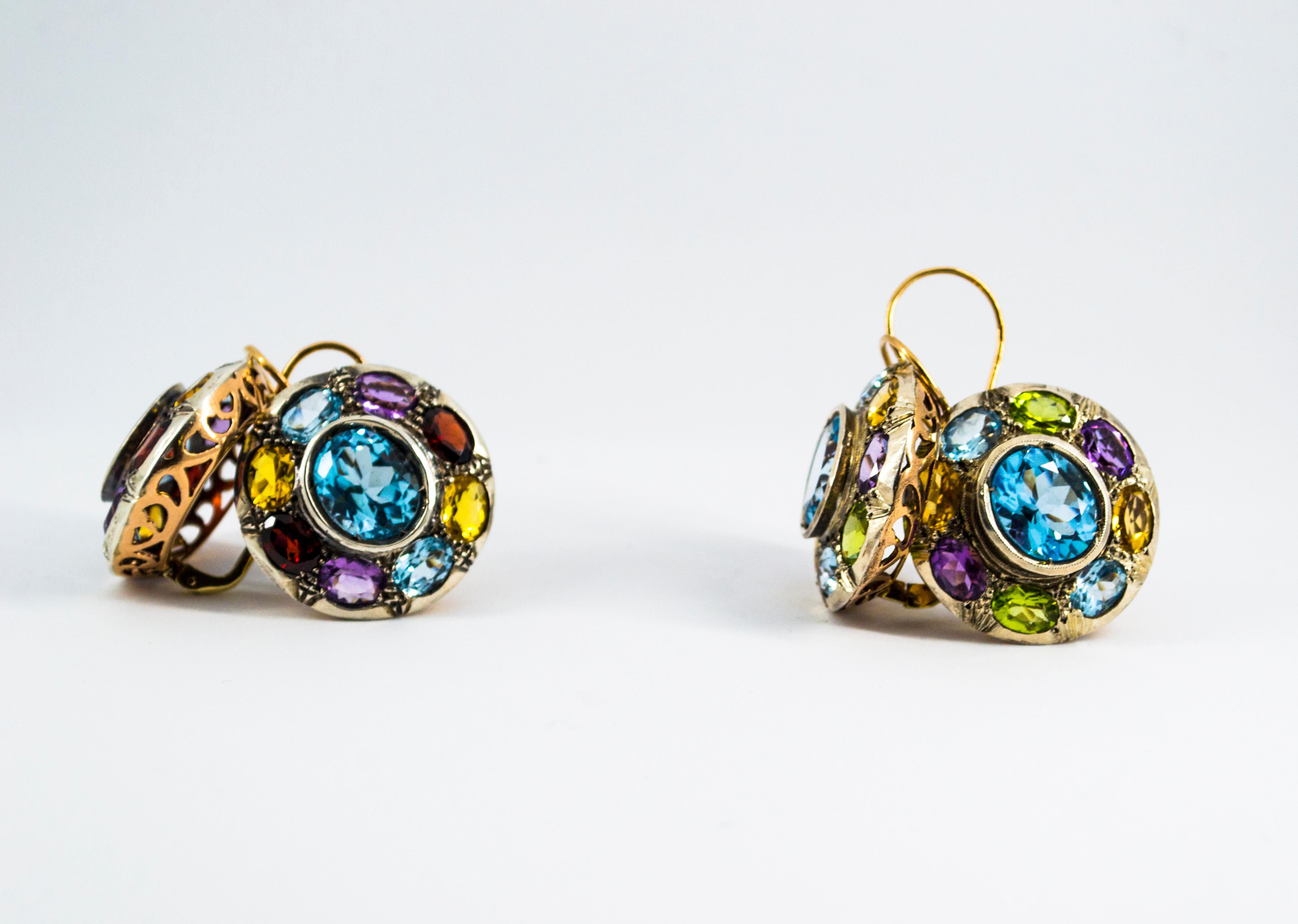 Boucles d'oreilles Art Déco Améthyste Topaze Bleue Quartz Péridot Citrine Or Jaune en vente 7