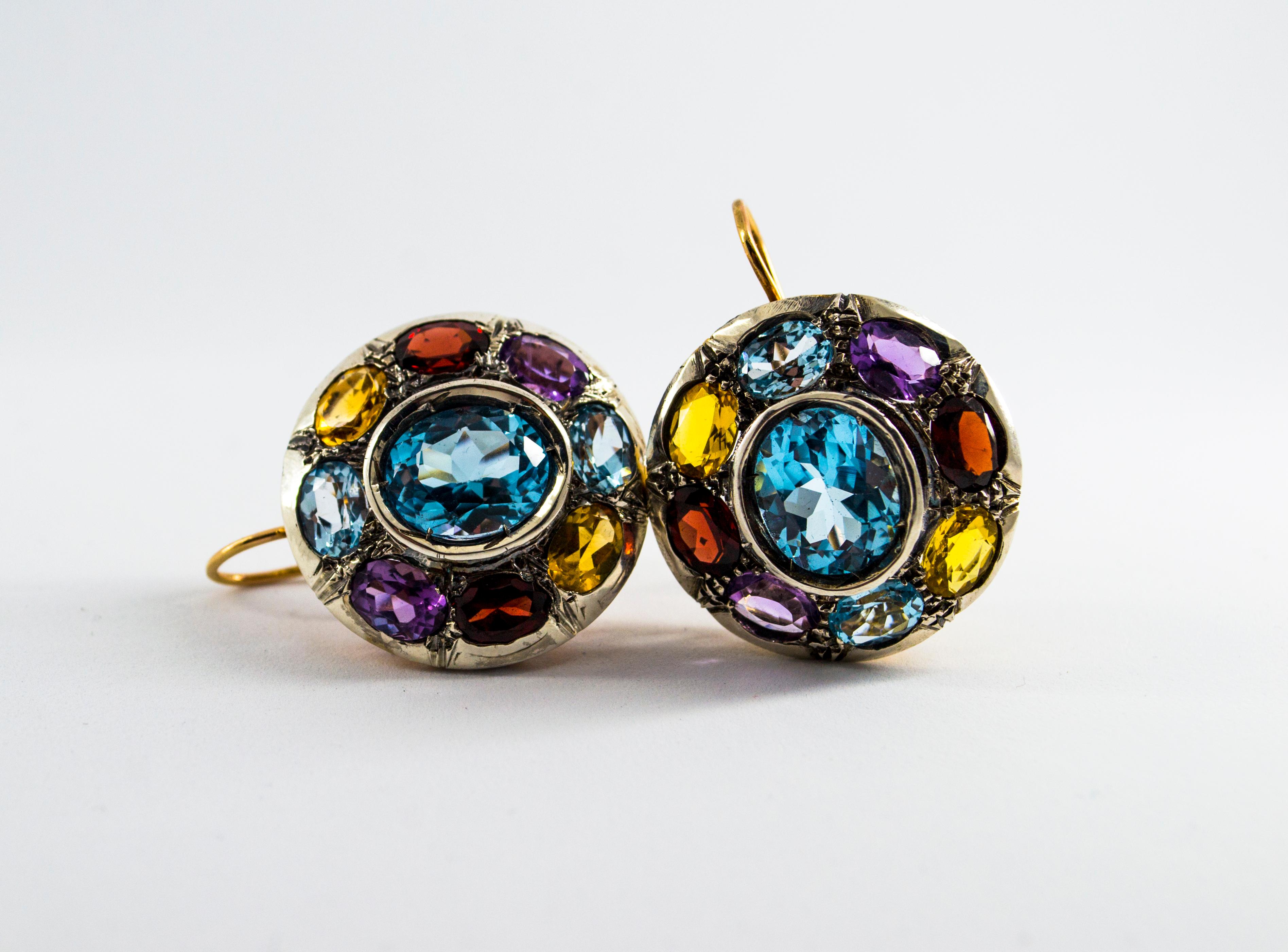 Boucles d'oreilles Art Déco Améthyste Topaze Bleue Quartz Péridot Citrine Or Jaune en vente 8