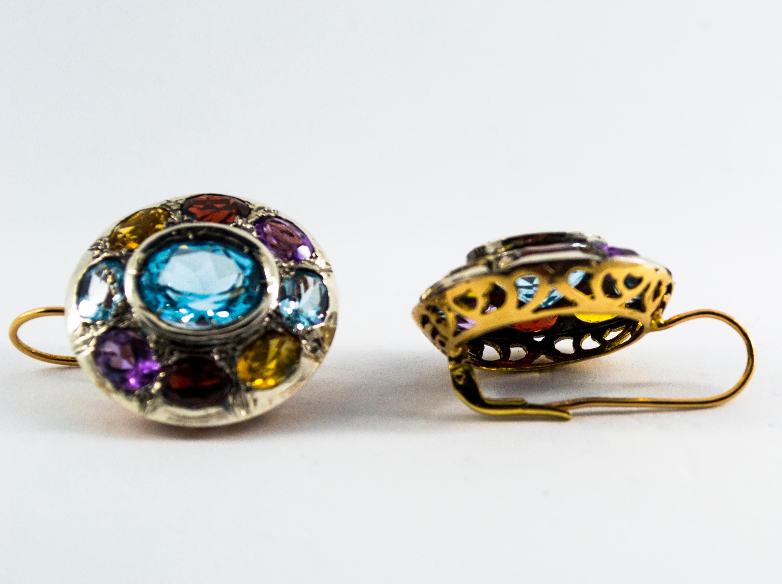 Boucles d'oreilles Art Déco Améthyste Topaze Bleue Quartz Péridot Citrine Or Jaune en vente 9