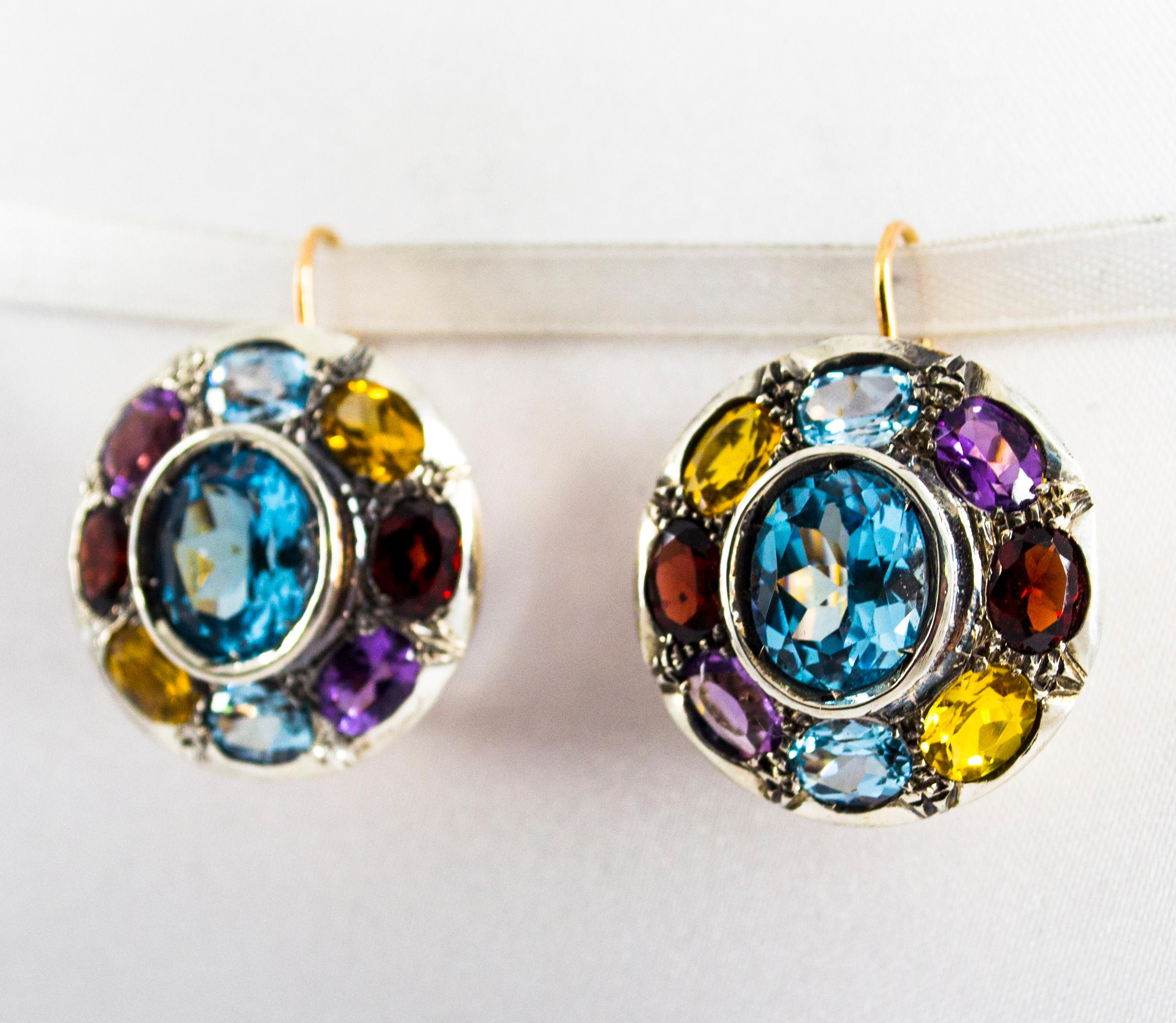 Art déco Boucles d'oreilles Art Déco Améthyste Topaze Bleue Quartz Péridot Citrine Or Jaune en vente