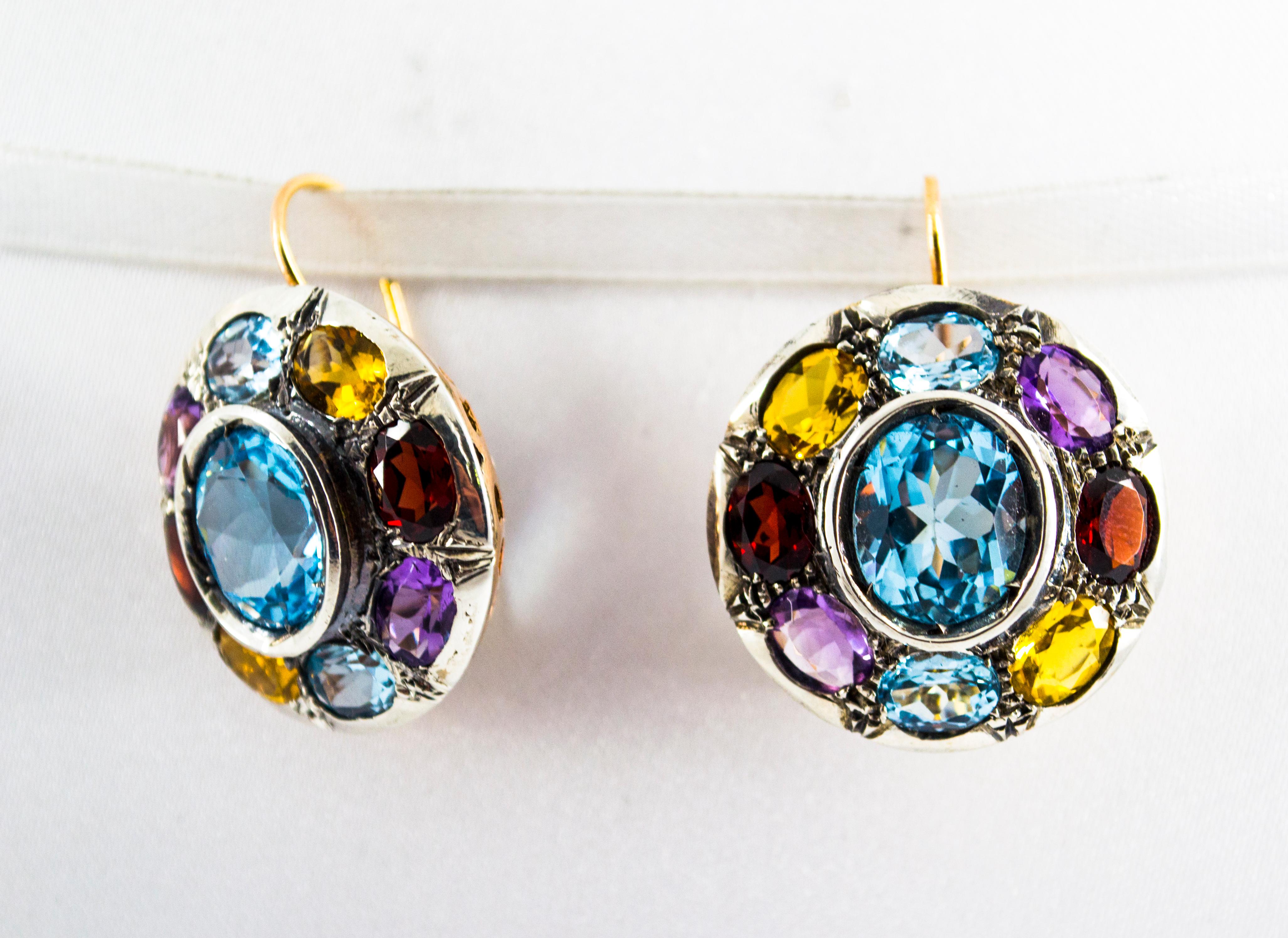 Boucles d'oreilles Art Déco Améthyste Topaze Bleue Quartz Péridot Citrine Or Jaune Neuf - En vente à Naples, IT