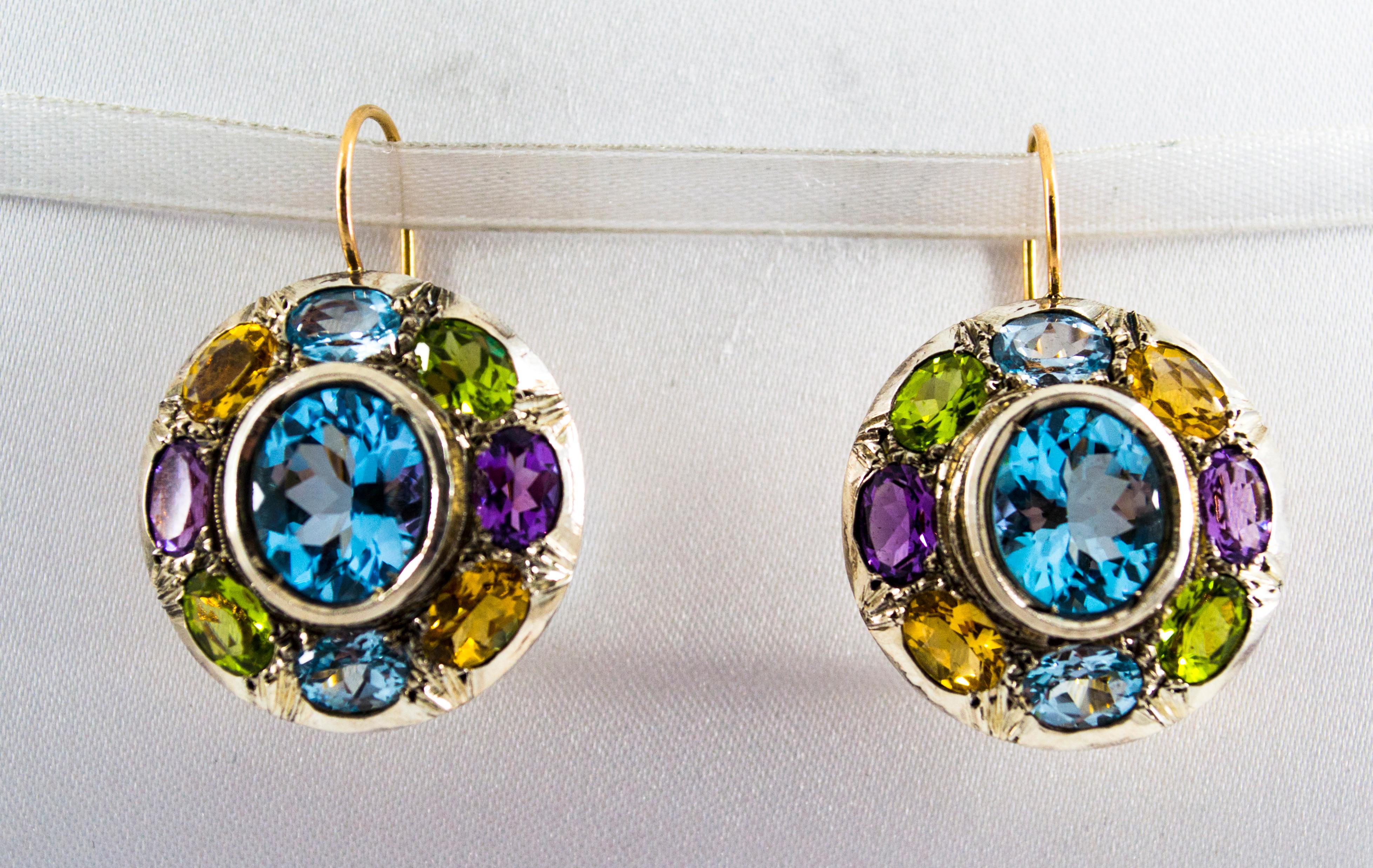 Boucles d'oreilles Art Déco Améthyste Topaze Bleue Quartz Péridot Citrine Or Jaune en vente 1