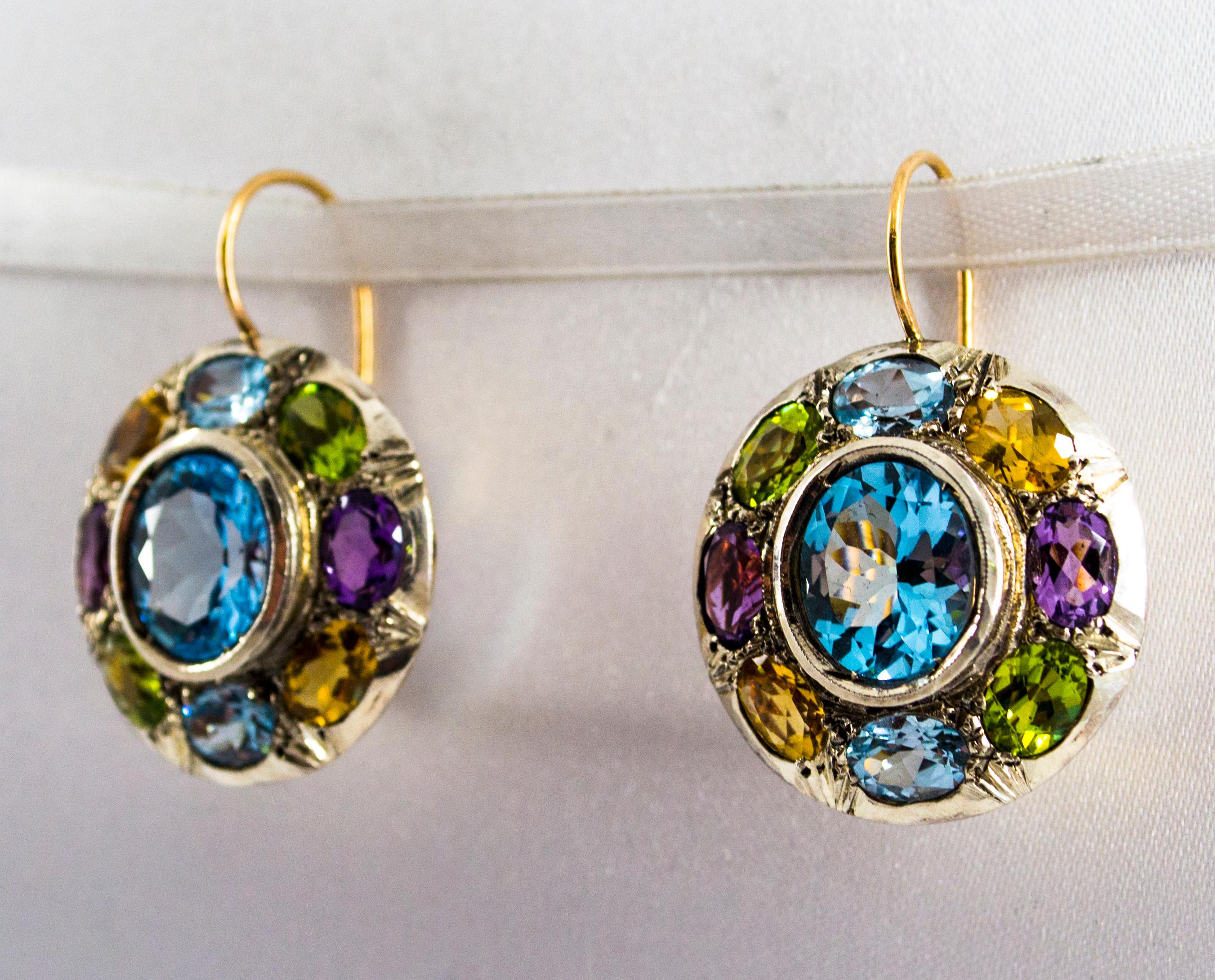 Boucles d'oreilles Art Déco Améthyste Topaze Bleue Quartz Péridot Citrine Or Jaune en vente 2