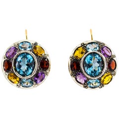 Art Deco Style Amethyst Blue Topaz Quartz Peridot Citrine Yellow Gold Earrings