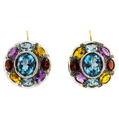 Art Deco Style Amethyst Blue Topaz Quartz Peridot Citrine Yellow Gold Earrings