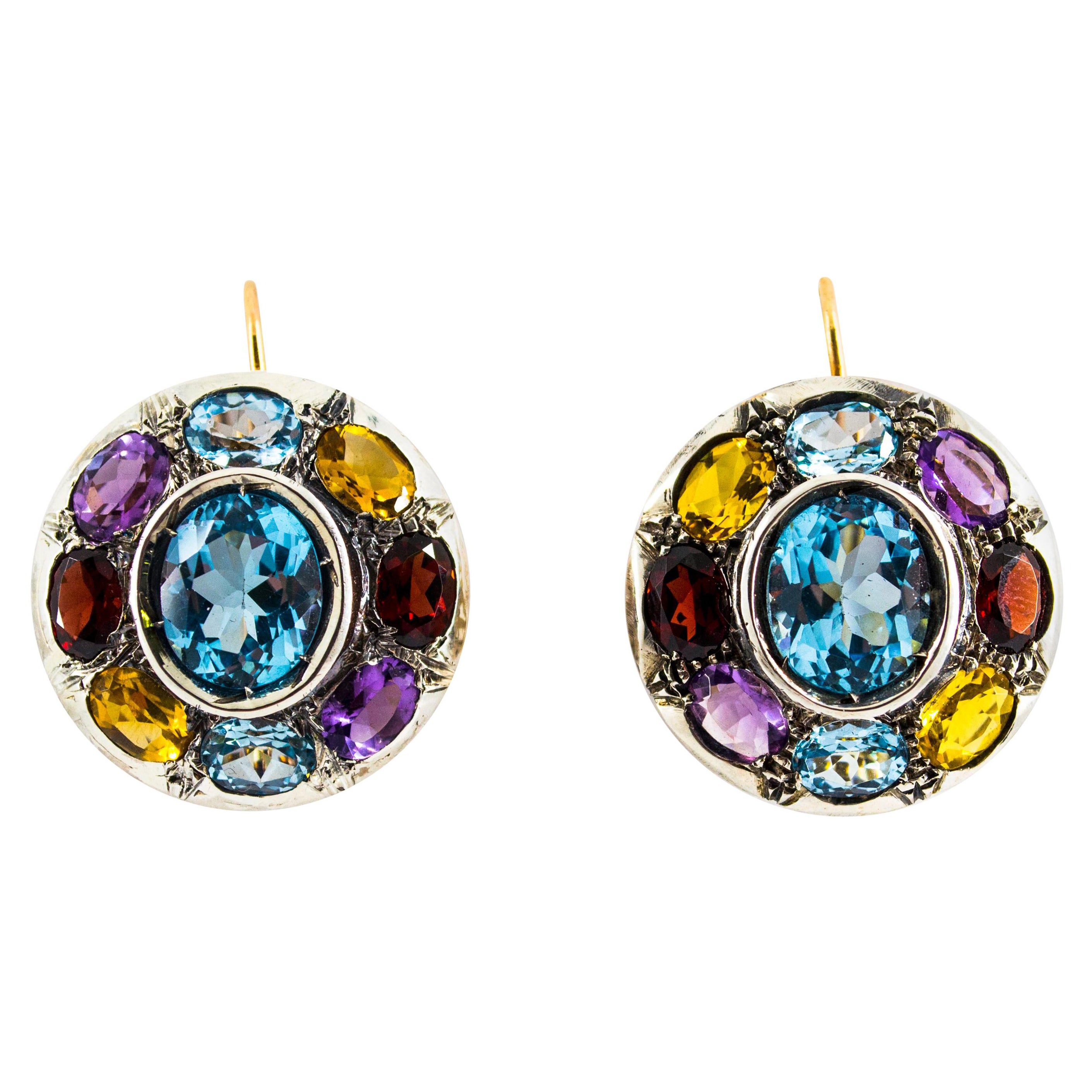 Boucles d'oreilles Art Déco Améthyste Topaze Bleue Quartz Péridot Citrine Or Jaune