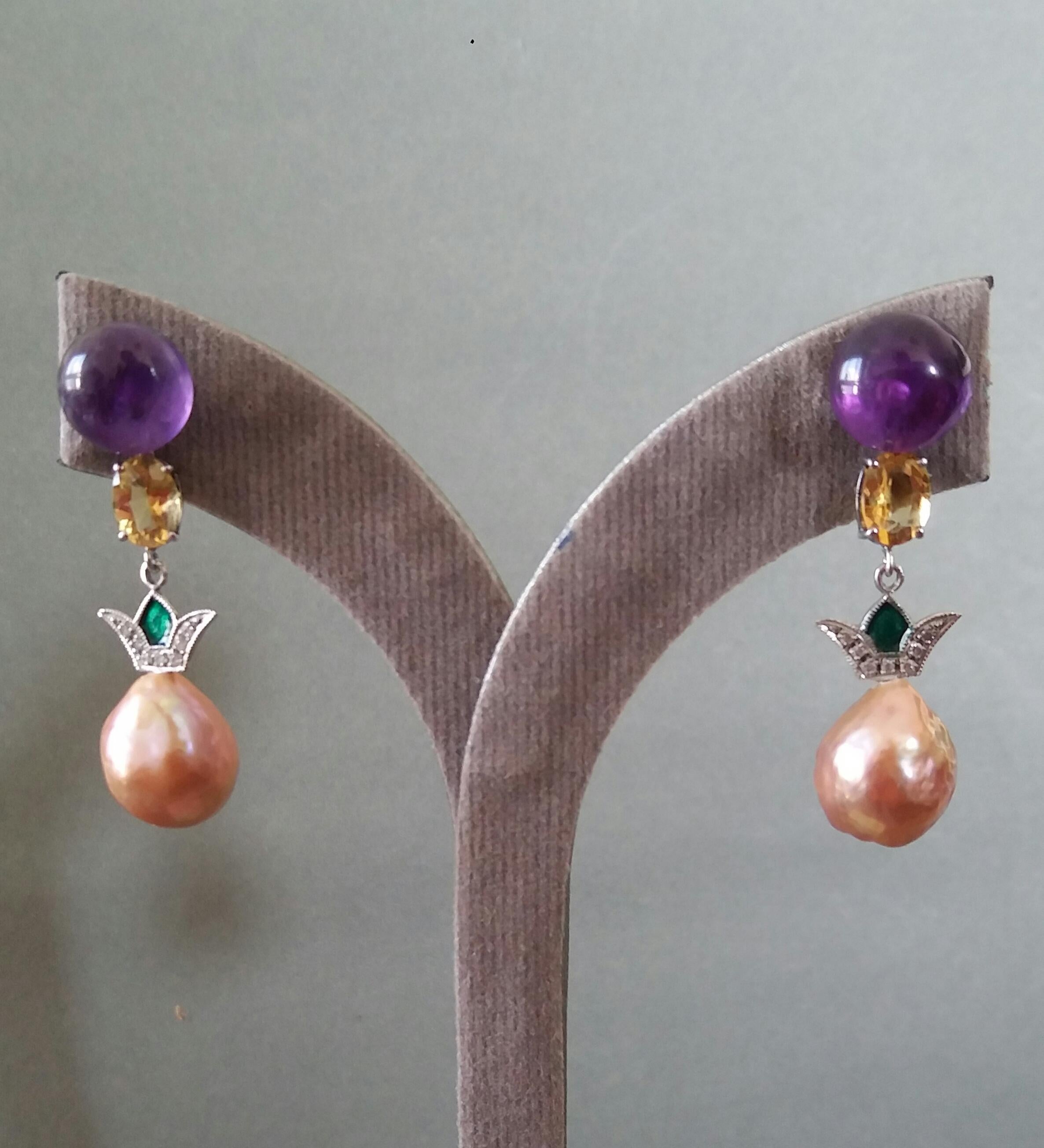 Art Deco Style Amethyst Citrine Gold Diamond Enamel Baroque Pearls Earrings 5