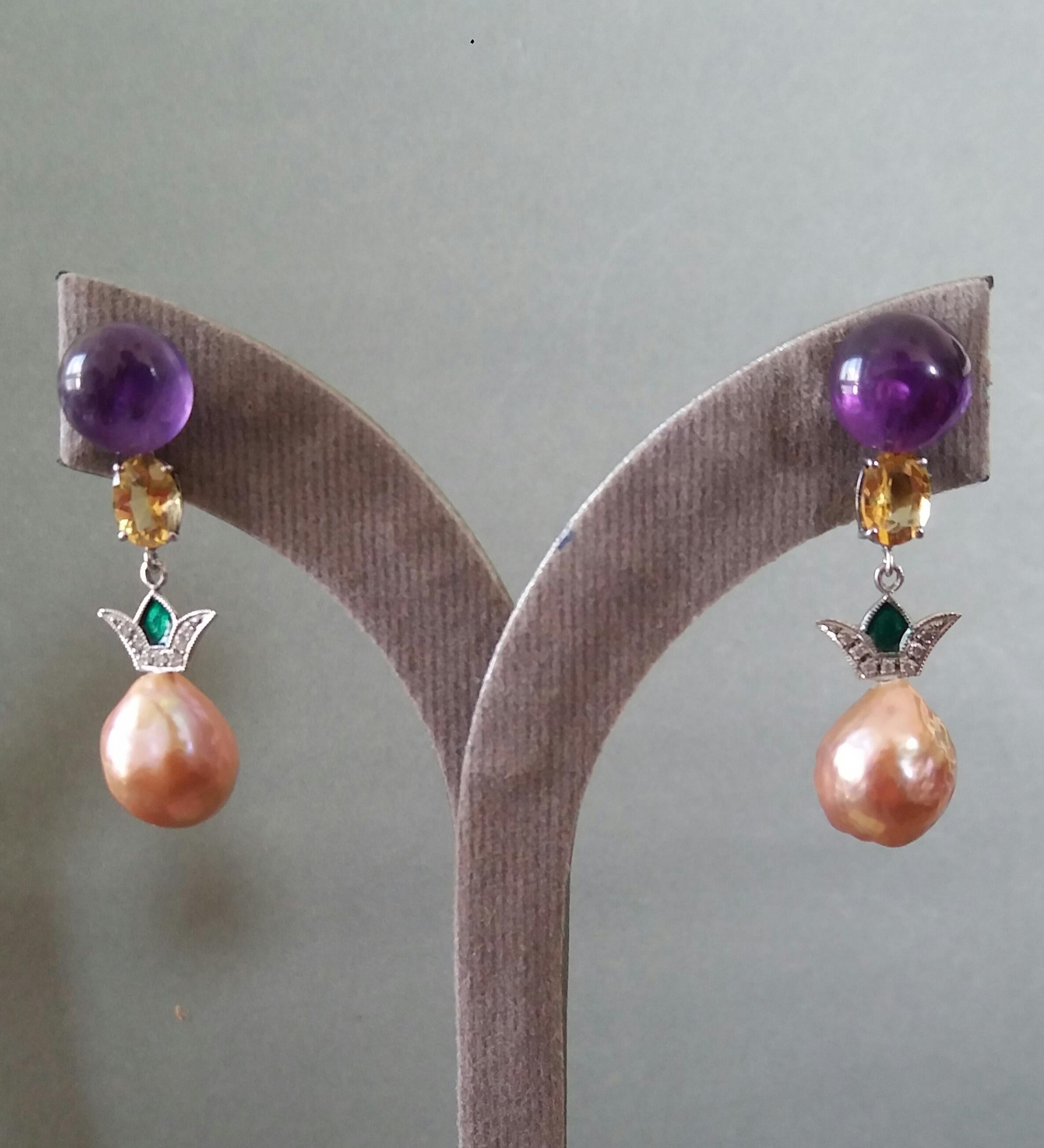 Art Deco Style Amethyst Citrine Gold Diamond Enamel Baroque Pearls Earrings For Sale 5