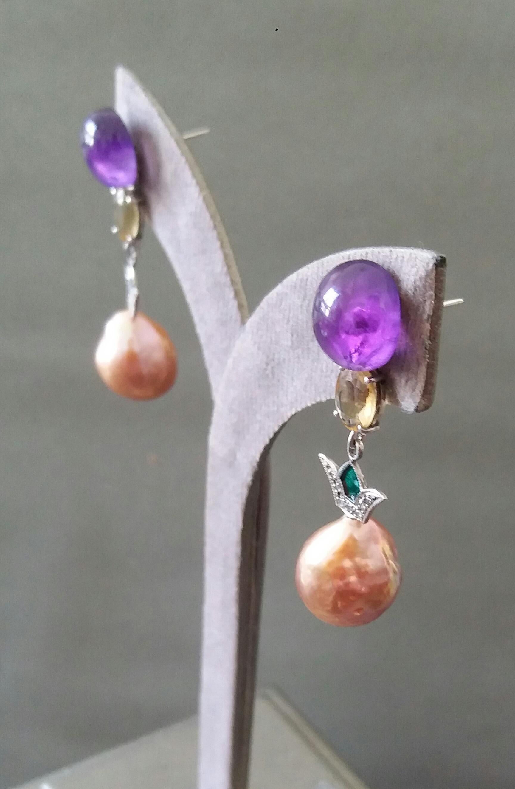 Art Deco Style Amethyst Citrine Gold Diamond Enamel Baroque Pearls Earrings 6