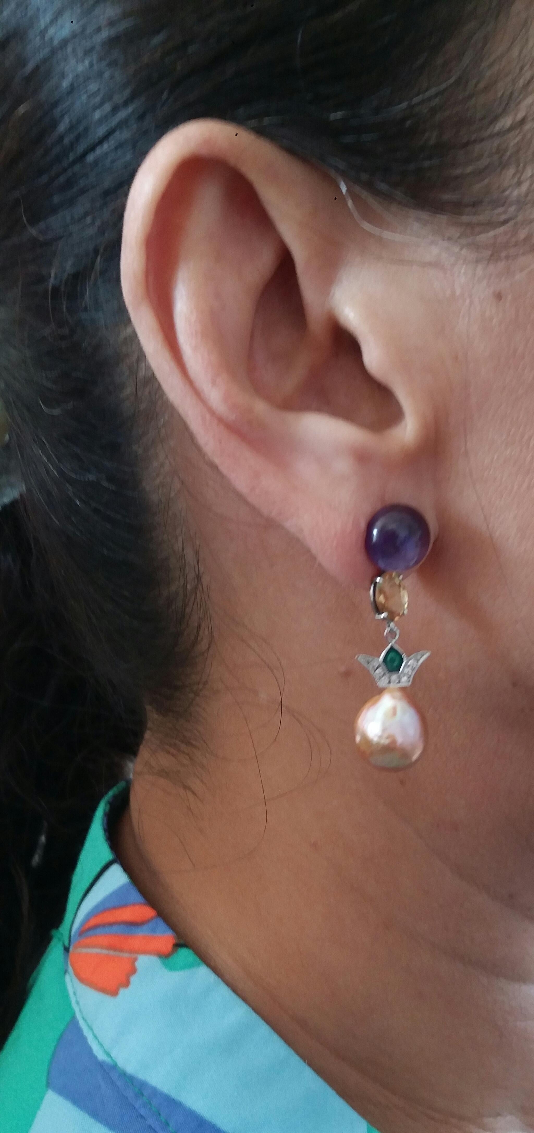 Art Deco Style Amethyst Citrine Gold Diamond Enamel Baroque Pearls Earrings 7