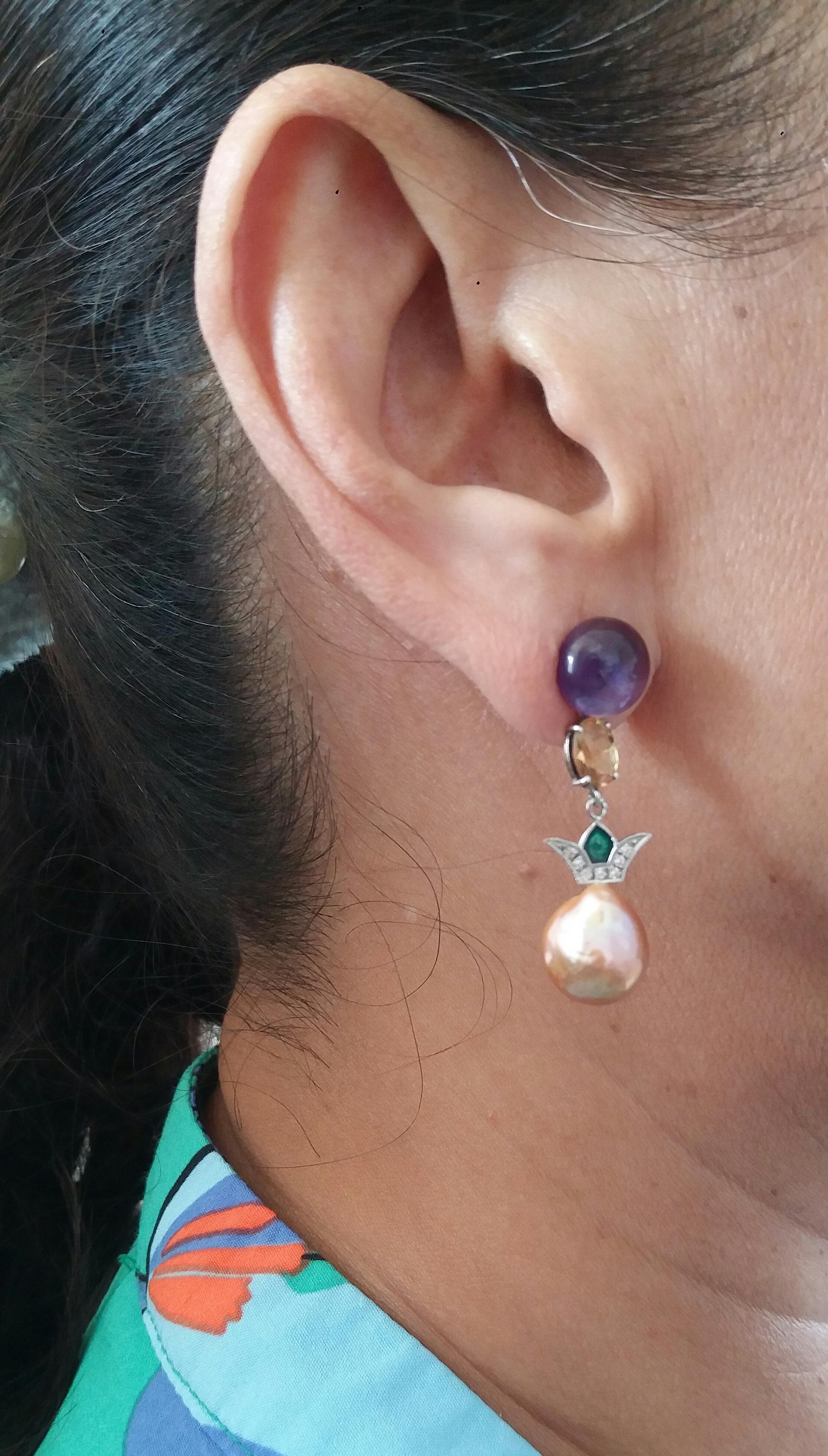Art Deco Style Amethyst Citrine Gold Diamond Enamel Baroque Pearls Earrings 8